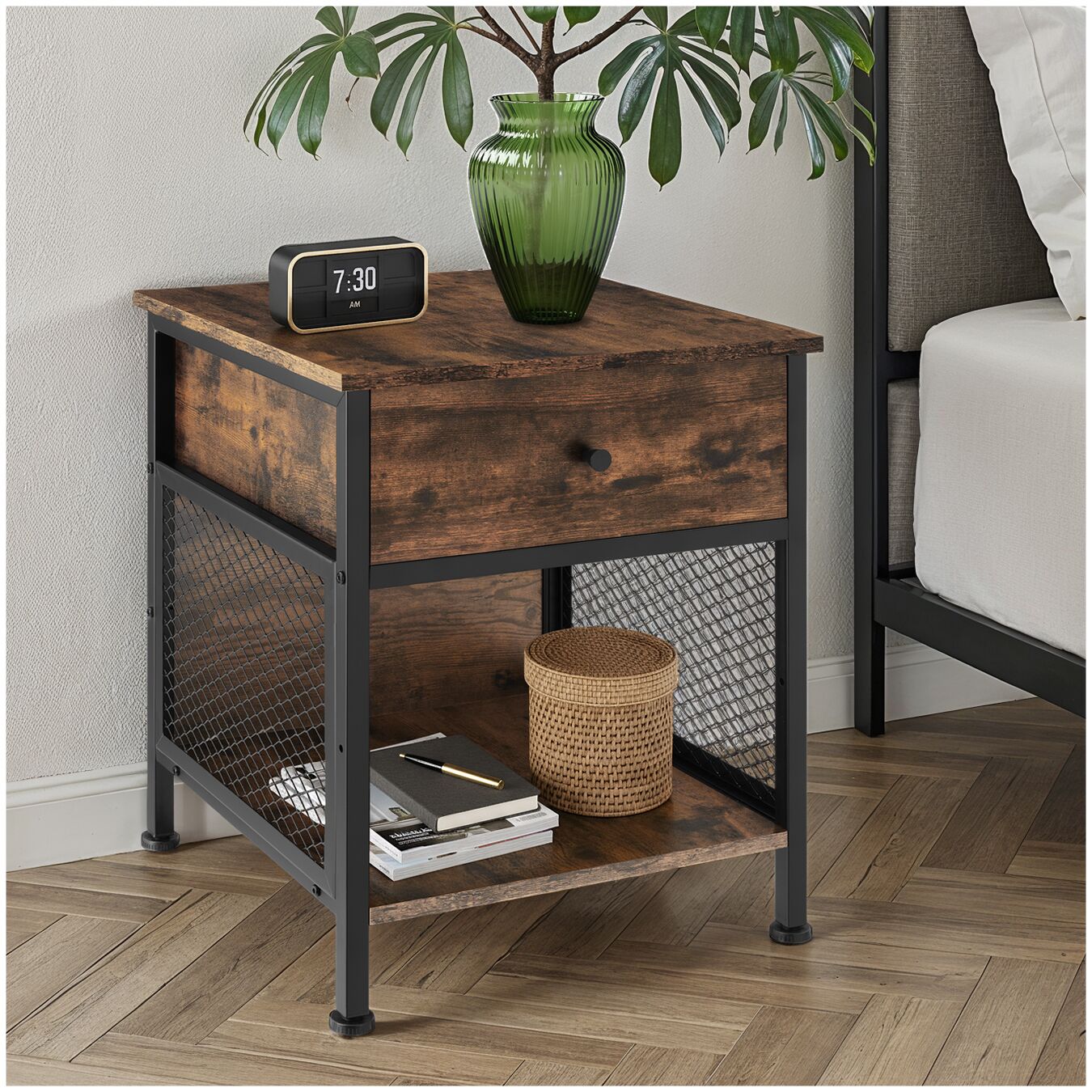 tectake&reg; Nachttisch, Industrial Style, Ablage, Schublade und Staufach mit seitlichen Gitterfl&auml;chen, 45 x 46 x 55,5 cm 