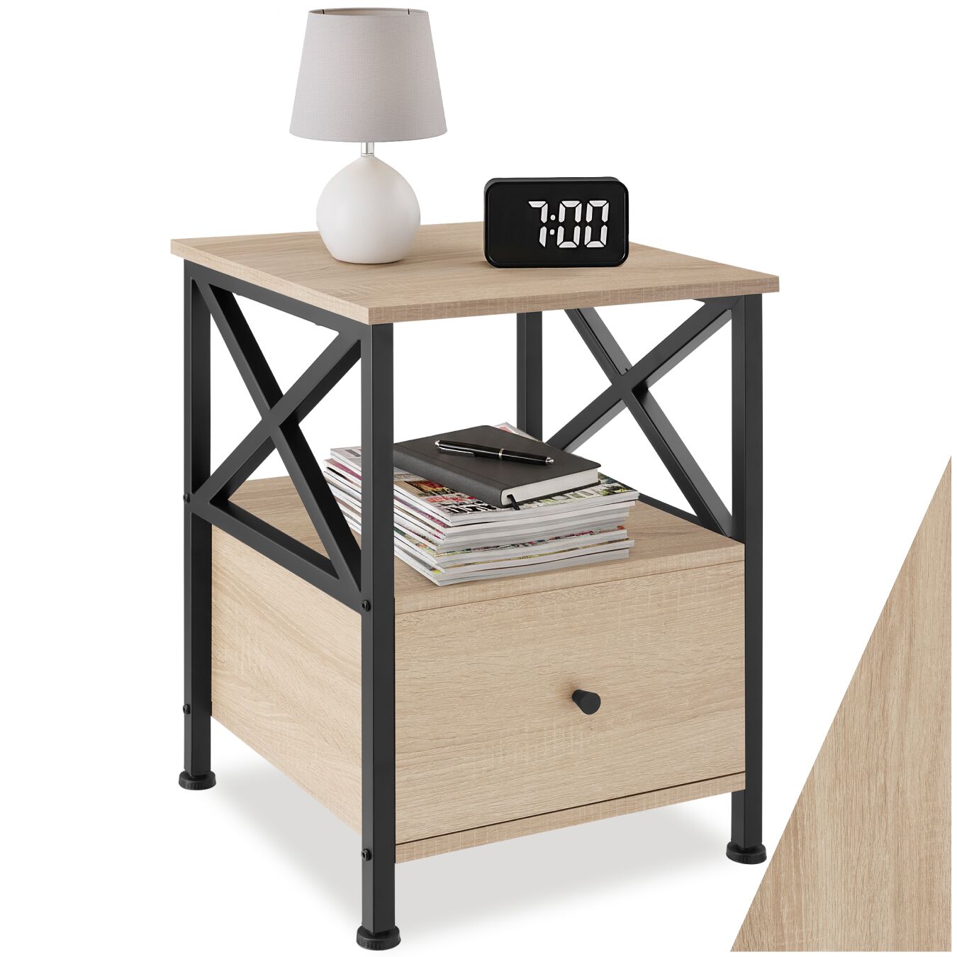 tectake&reg; Nachttisch, Industrial Style, 2 Ablagen und Schublade, seitliche Streben in X-Form, 40 x 41,5 x 55,5 cm 
