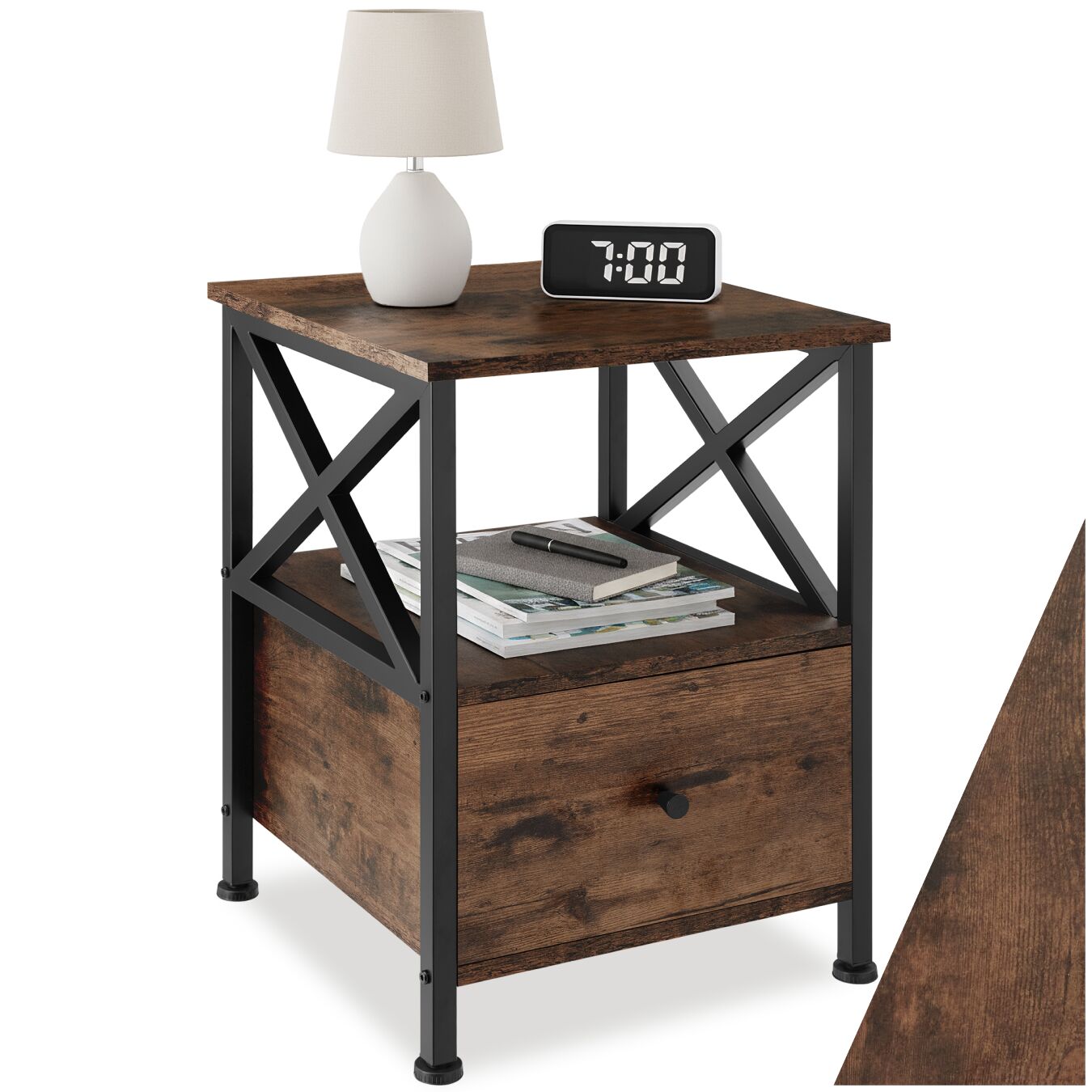 tectake&reg; Nachttisch, Industrial Style, 2 Ablagen und Schublade, seitliche Streben in X-Form, 40 x 41,5 x 55,5 cm 