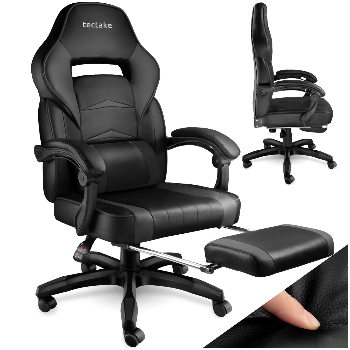tectake&reg; Racing B&uuml;rostuhl, ergonomische Form, mit Fu&szlig;st&uuml;tze und verstellbarer R&uuml;ckenlehne, Kunstlederbezug, inklusive abnehmbarem Lendenkissen, inklusive Lendenkissen, Belastbarkeit 120 kg 