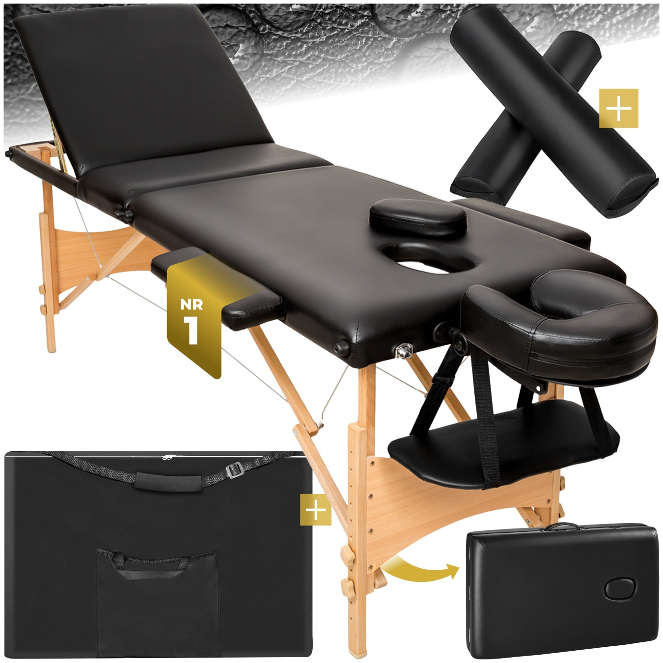 tectake&reg; 3 Zonen Massageliege-Set, Breite 60 cm, Polsterung 3 cm, mit Holzgestell, 210 x 95 x 84 cm 