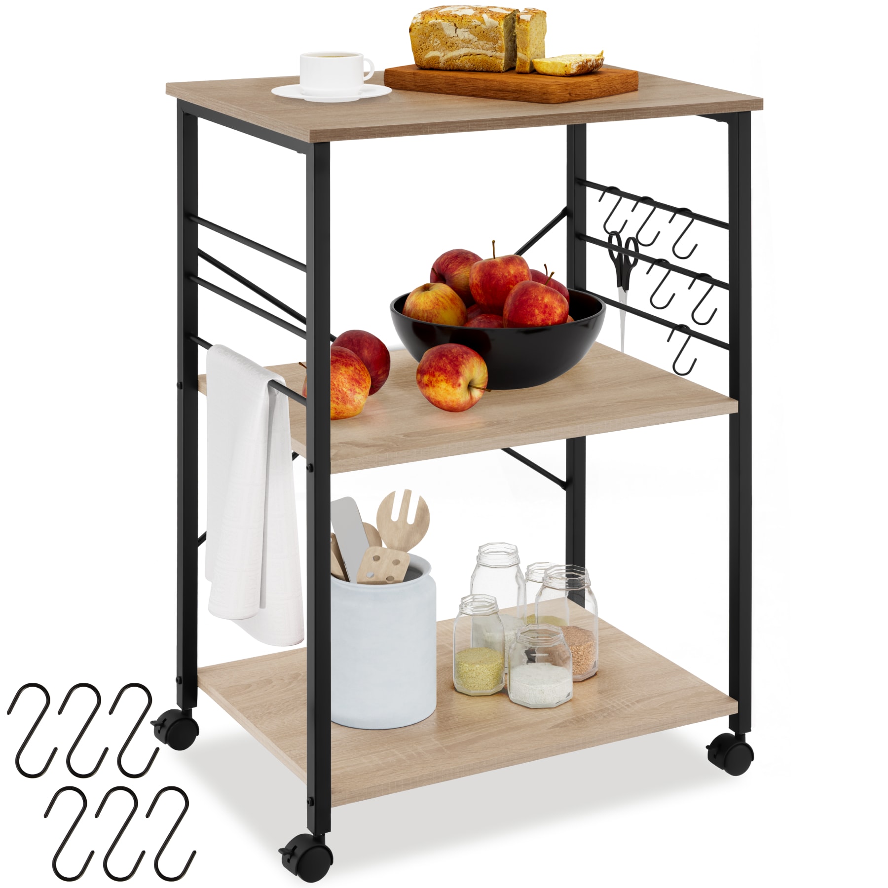 tectake&reg; Servierwagen, Industrial Style, mit 3 Ebenen, inklusive 6 Haken, 65,5 x 45,5 x 88,5 cm 