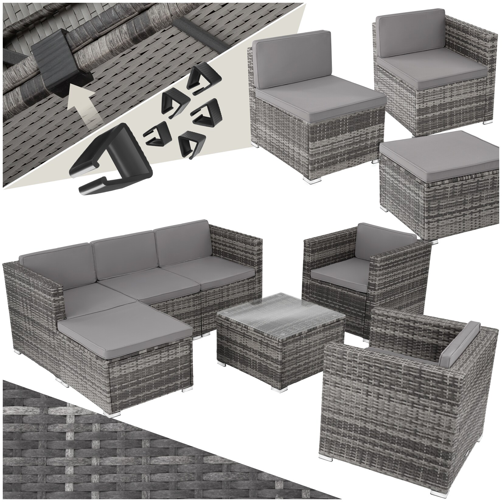 tectake® Rattan Lounge, für 5 bis 6 Personen, UV-beständig, variabel aufstellbar