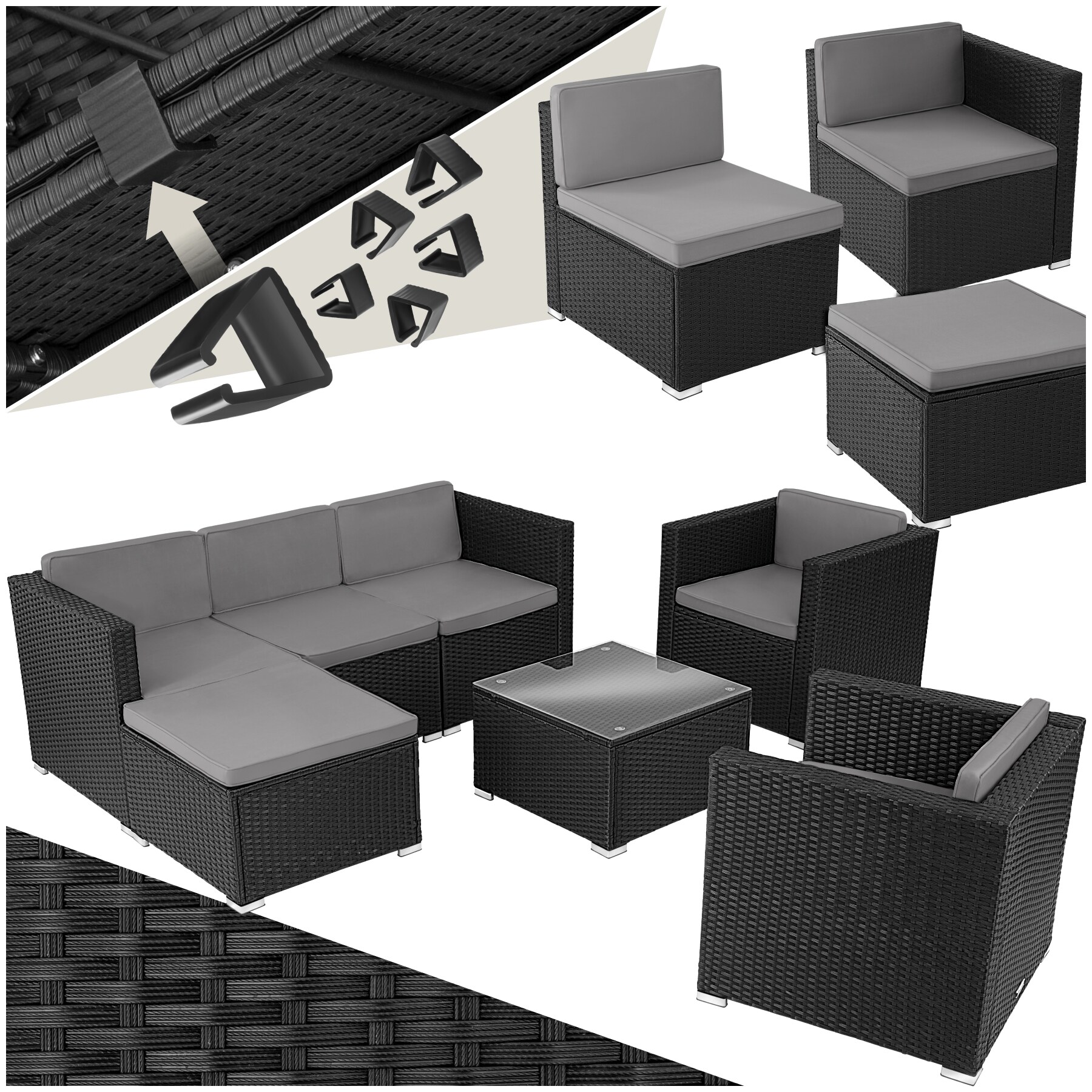tectake&reg; Rattan Lounge, f&uuml;r 5 bis 6 Personen, UV-best&auml;ndig, variabel aufstellbar 