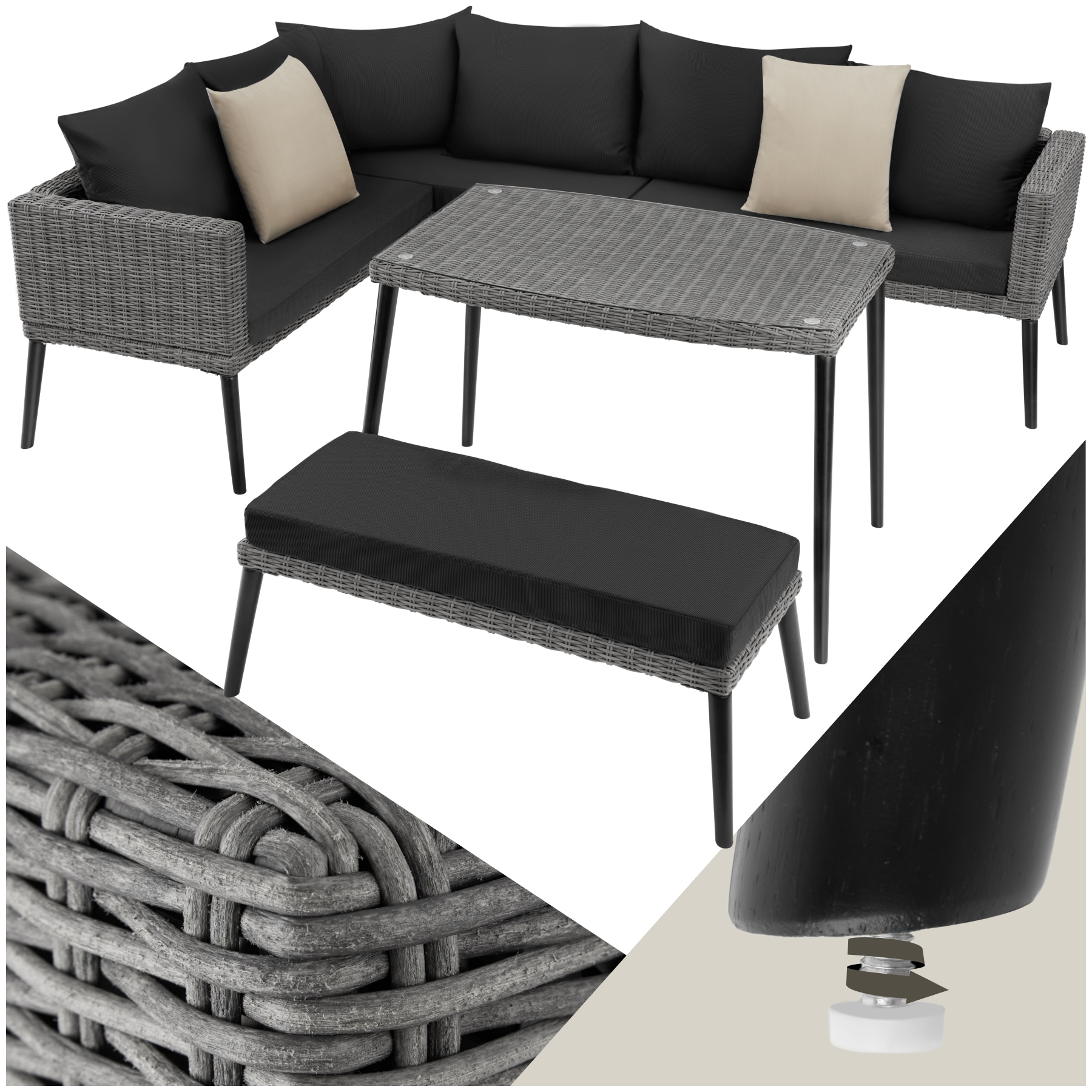 tectake&reg; Aluminium Rattan Lounge Lounge, wetterfest und UV-best&auml;ndig, schlanke, hohe Beine, hochwertiges Geflecht 