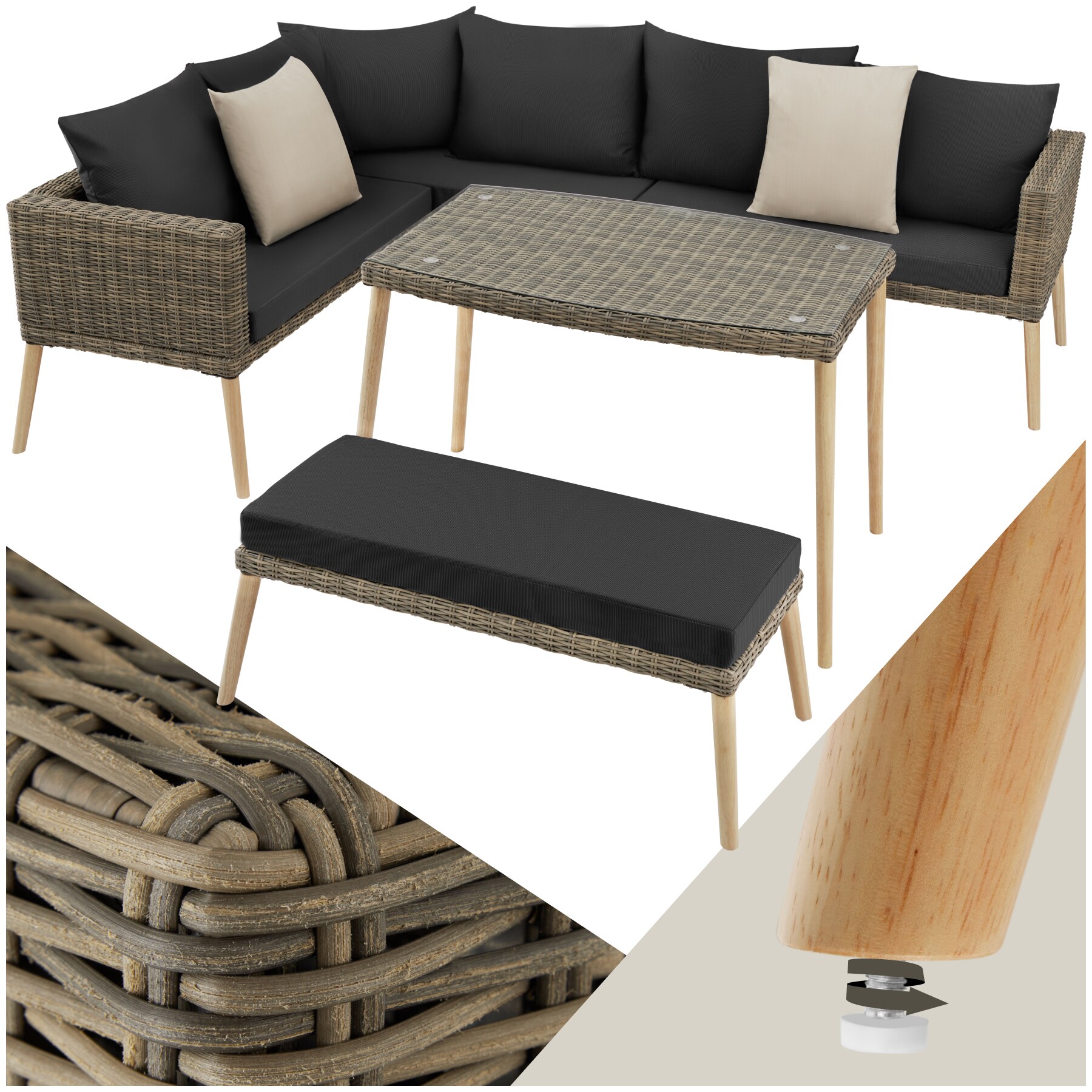 tectake&reg; Rattan Lounge, mit Aluminiumgestell, wetterfest und UV-best&auml;ndig, mit Sicherheitsglasplatte 