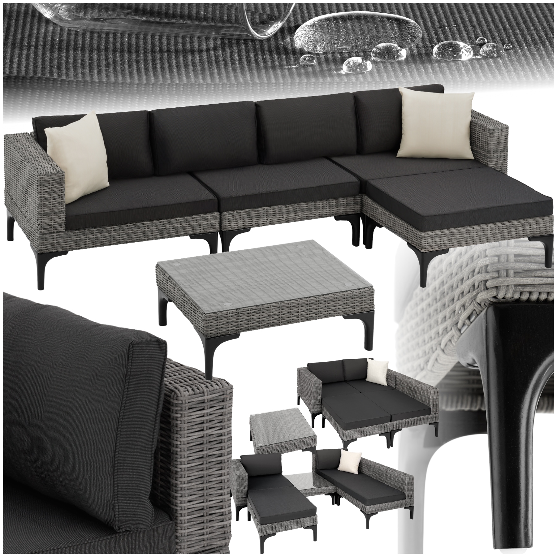 tectake&reg; Rattan Lounge, mit Aluminiumgestell, wetterfest und UV-best&auml;ndig, mit Sicherheitsglasplatte 