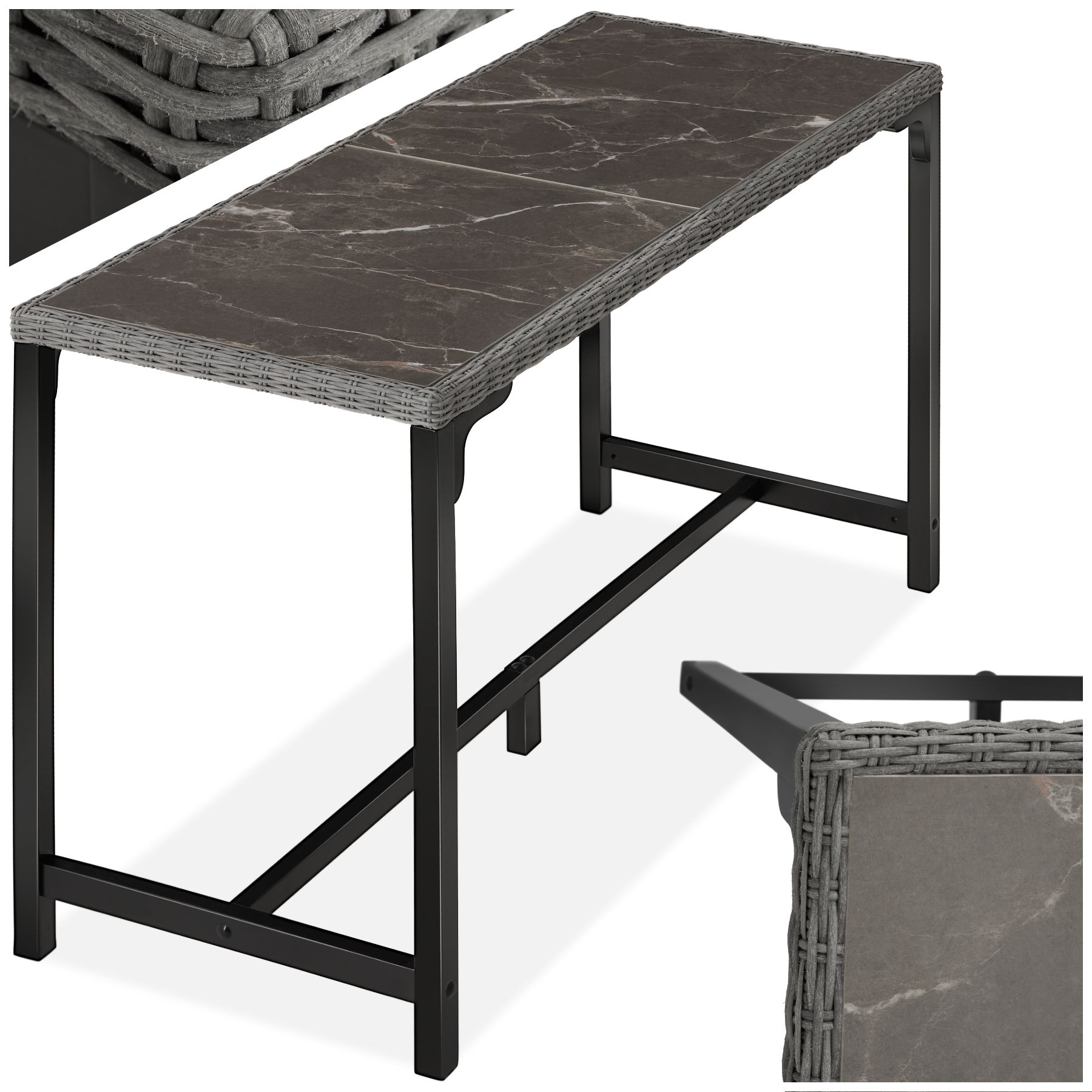 tectake&reg; Rattan Tisch, mit Aluminium- und Holzgestell, wetterfest und UV-best&auml;ndig, 161 x 64,5 x 99,5 cm 