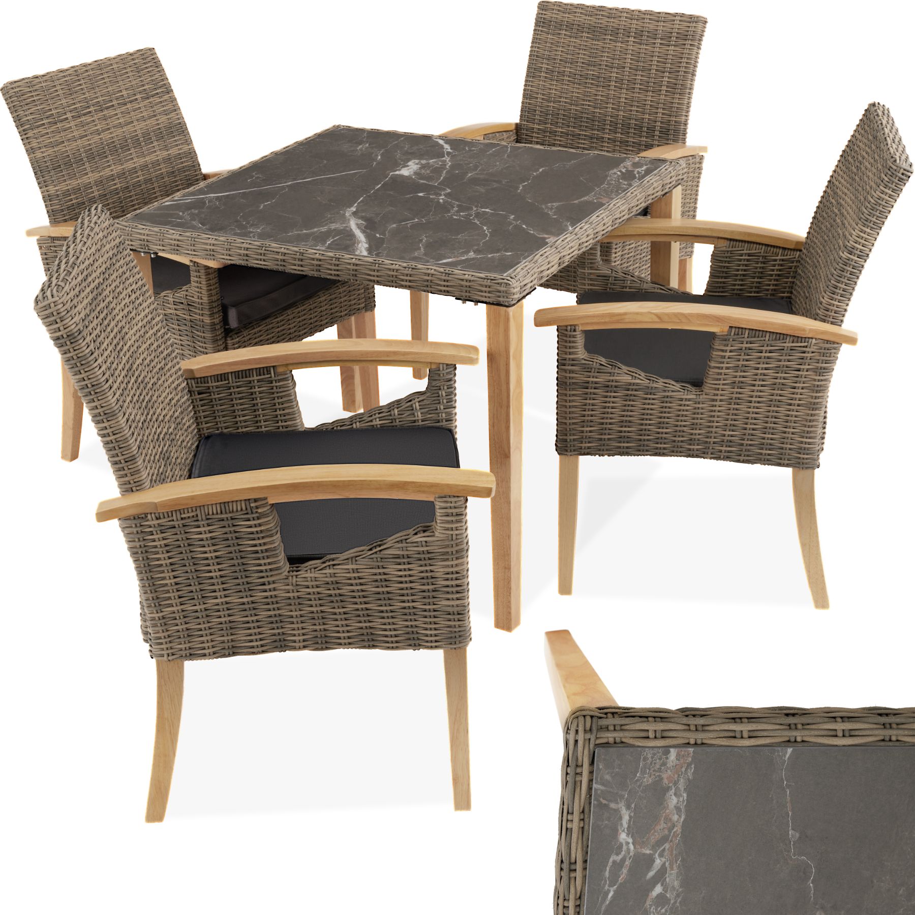tectake&reg; Rattan Tisch Tarent mit 4 St&uuml;hlen Rosarno, mit Holzgestellen, wetterfest und UV-best&auml;ndig, Armlehnen und F&uuml;&szlig;e aus Holz 
