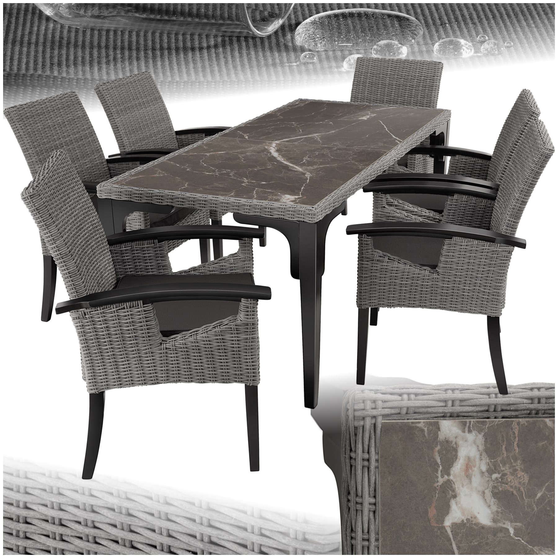 tectake&reg; Rattan Tisch Foggia mit 6 St&uuml;hlen Rosarno, mit Holzgestell, wetterfest und UV-best&auml;ndig, Armlehnen und Beine aus Holz 