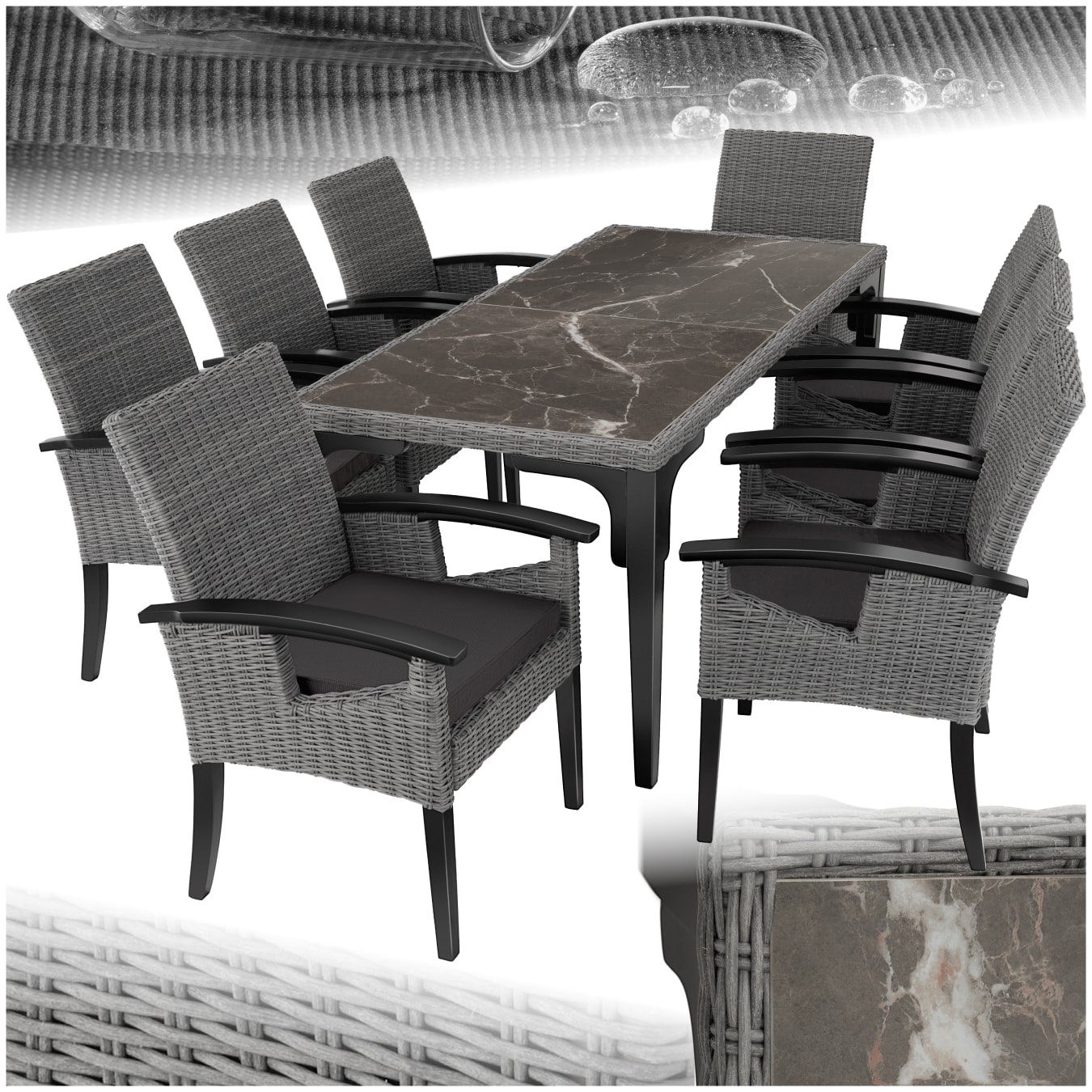 tectake&reg; Rattan Tisch Foggia mit 8 St&uuml;hlen Rosarno, mit stabilen Holzgestellen, wetterfest und UV-best&auml;ndig, Armlehnen und Beine aus Holz 
