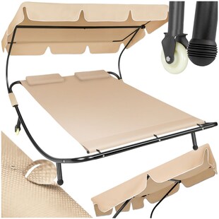 tectake® Gartenliege, für 2 Personen, 2 Transportrollen, 2 Kopfpolster, 215 x 183 x 150 cm 