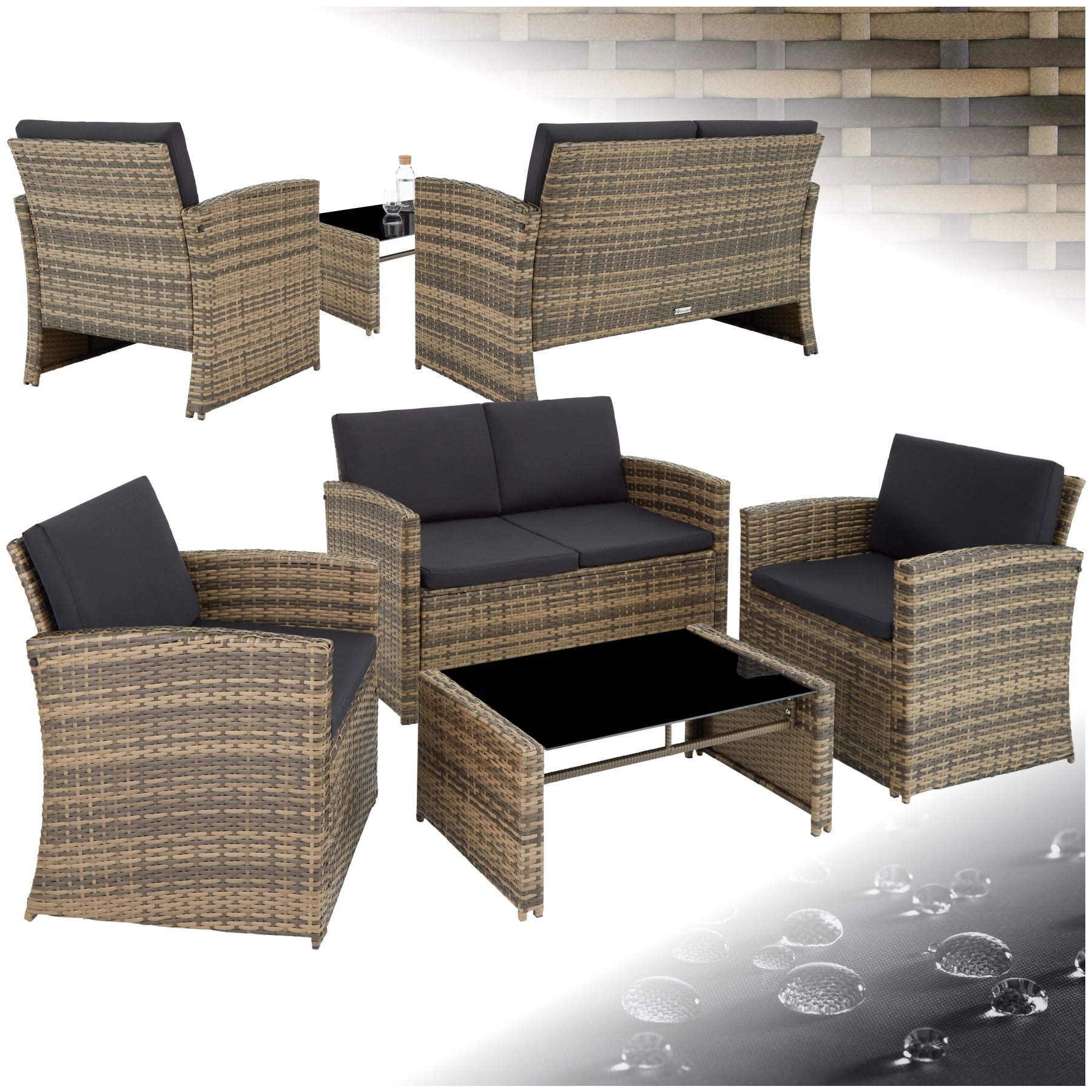 tectake&reg; Rattan Lounge, f&uuml;r 4 Personen, UV-best&auml;ndig, mit Sicherheitsglasplatte 