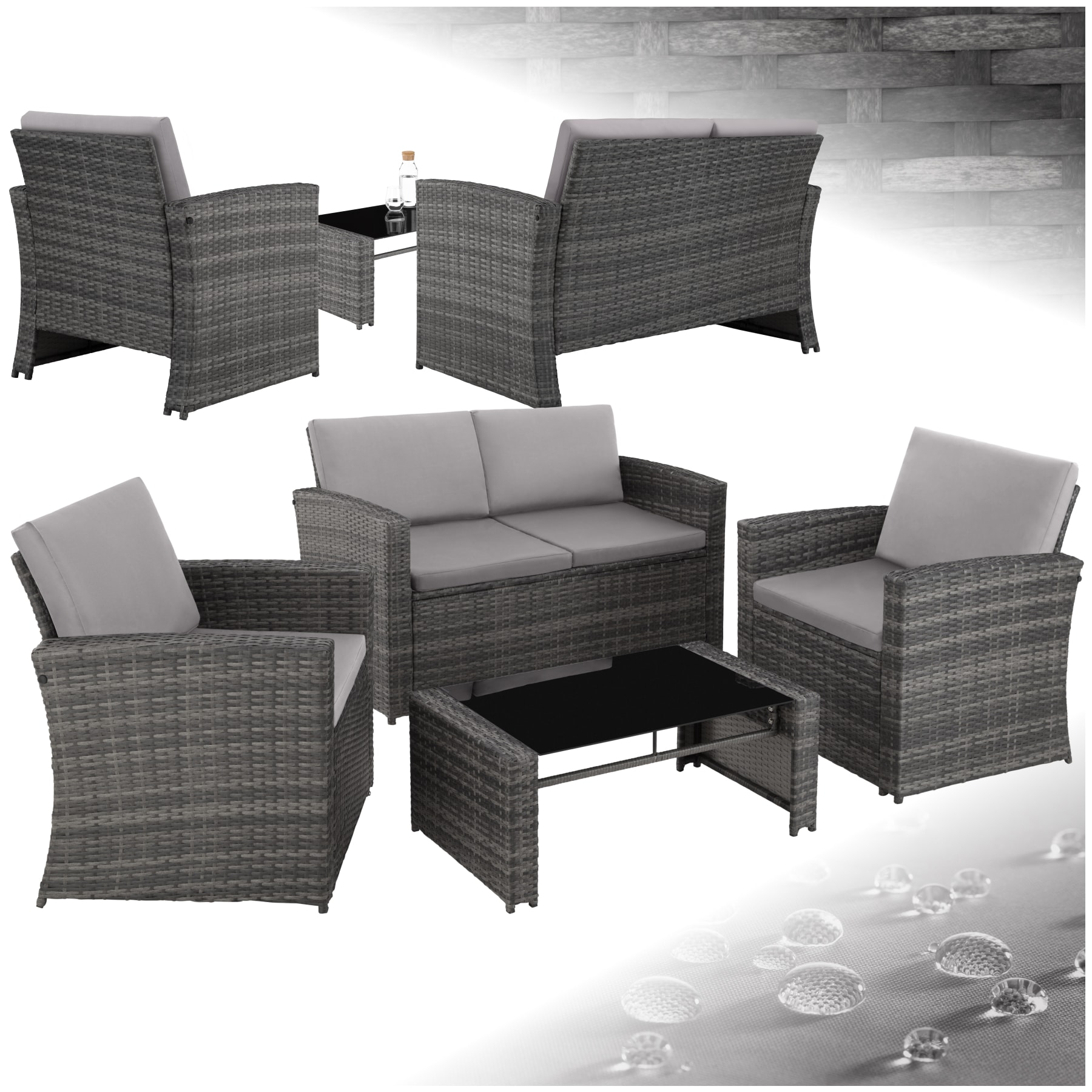tectake&reg; Rattan Lounge, f&uuml;r 4 Personen, UV-best&auml;ndig, mit Sicherheitsglasplatte 