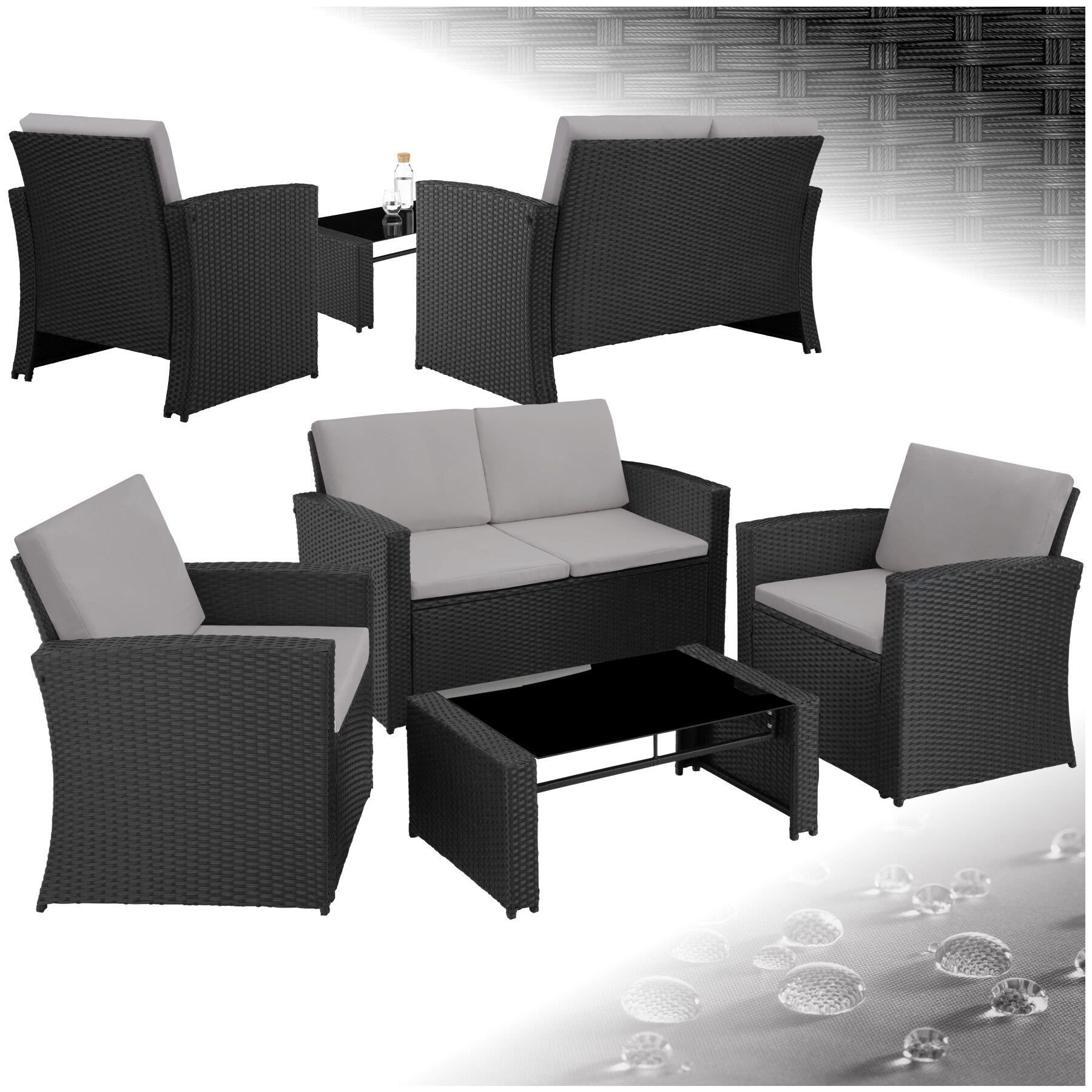 tectake&reg; Rattan Lounge, f&uuml;r 4 Personen, UV-best&auml;ndig, mit Sicherheitsglasplatte 