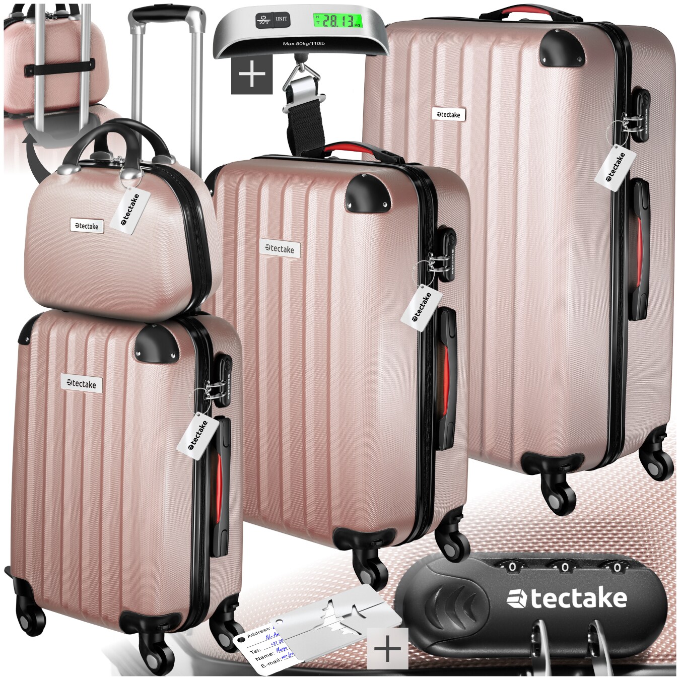 tectake&reg; Hartschalenkoffer-Set, 4-teilig, 3 Trolleys, 1 Beauty Case inkl. Kofferwaage und -anh&auml;nger, 360&deg; drehbare, abnehmbare Rollen, mit Sicherheits-Zahlenschloss 