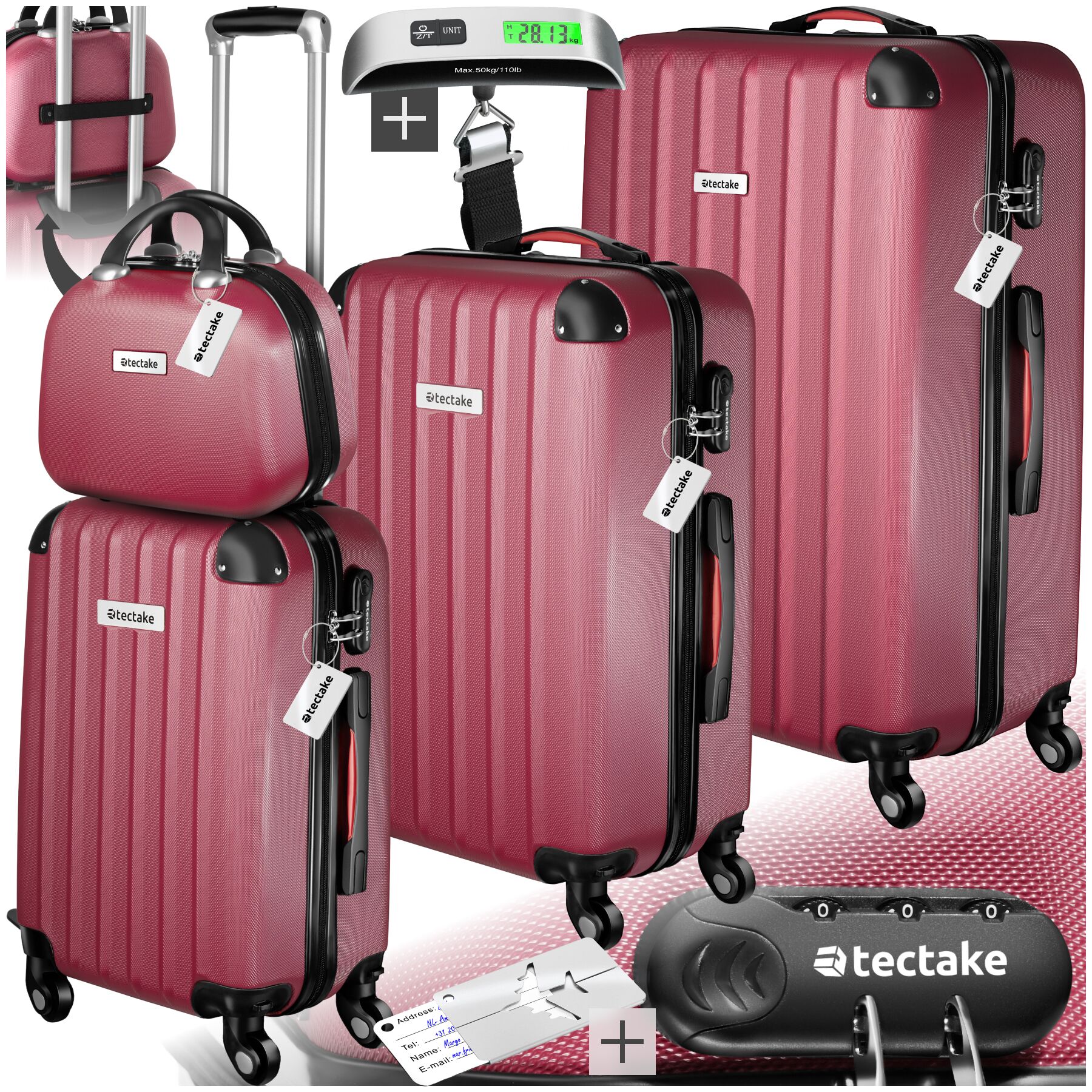 tectake&reg; Hartschalenkoffer-Set, 4-teilig, 3 Trolleys, 1 Beauty Case inkl. Kofferwaage und -anh&auml;nger, 360&deg; drehbare, abnehmbare Rollen, mit Sicherheits-Zahlenschloss 
