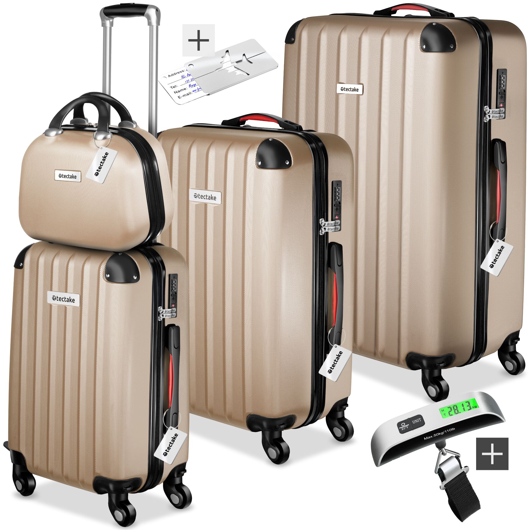 tectake&reg; Hartschalenkoffer-Set, 4-teilig, 3 Trolleys, 1 Beauty Case inkl. Kofferwaage und -anh&auml;nger, 360&deg; drehbare, abnehmbare Rollen, mit Sicherheits-Zahlenschloss 