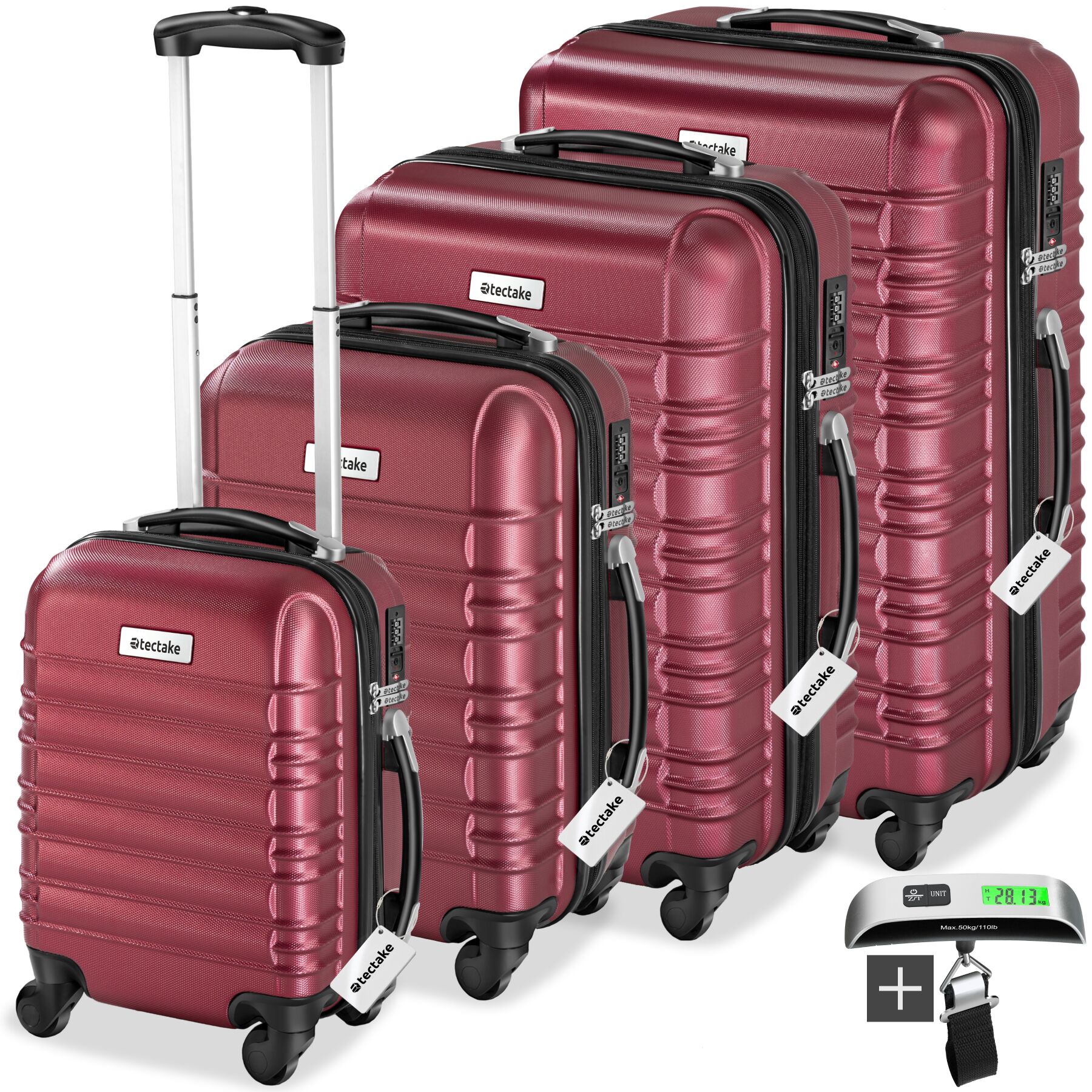 tectake&reg; Hartschalenkoffer-Set, 4-teilig aus robustem ABS-Kunststoff inkl. Kofferwaage und -anh&auml;nger, 360&deg; drehbare, abnehmbare Rollen, mit Sicherheits-Zahlenschloss 