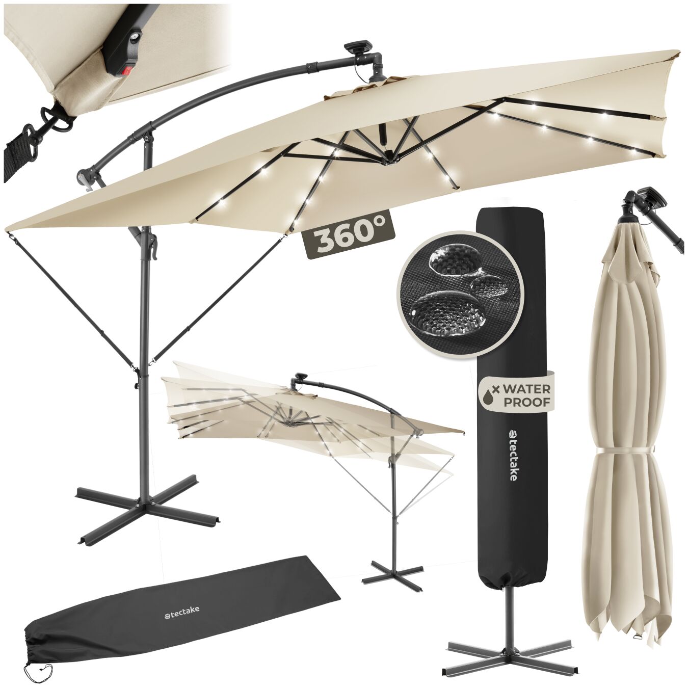tectake&reg; Sonnenschirm, 250 x 250 cm mit LED Solar-Beleuchtung, stufenlos verstellbarer Neigungswinkel, wasserabweisend, inkl. Windsicherung und Schutzh&uuml;lle 