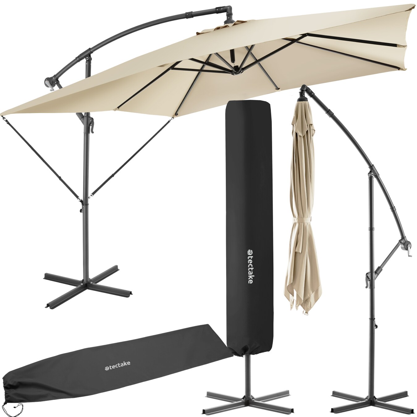 tectake® Sonnenschirm , 250 x 250 cm, stufenlos verstellbarer Neigungswinkel, inkl. Windsicherung und Schutzhülle
