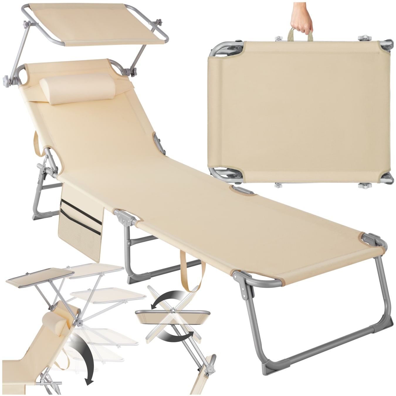 tectake&reg; Sonnenliege, klappbar, 4-fach verstellbare R&uuml;ckenlehne mit Kopfpolster, 190 x 68 x 28 cm, mit Seitentasche 