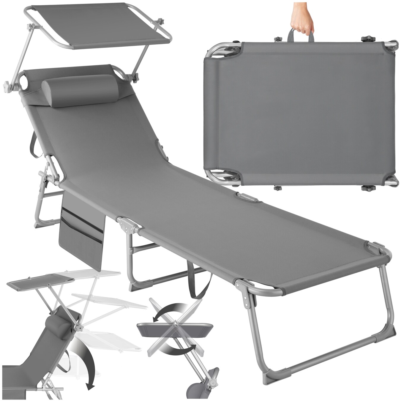 tectake&reg; Sonnenliege, klappbar, 4-fach verstellbare R&uuml;ckenlehne mit Kopfpolster, 190 x 68 x 28 cm, mit Seitentasche 