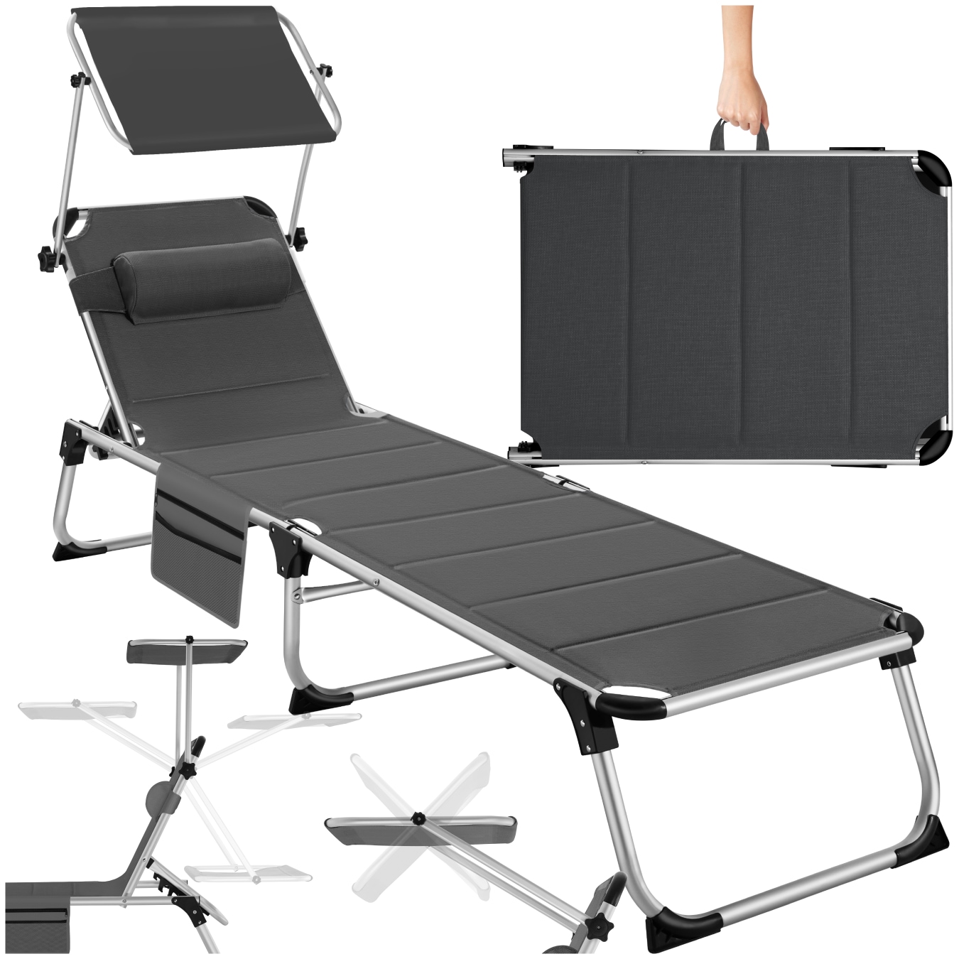 tectake&reg; Sonnenliege, gepolstert, klappbar, 6-fach verstellbare R&uuml;ckenlehne mit Kopfpolster, 220 x 60,5 x 34 cm, mit Seitentasche 