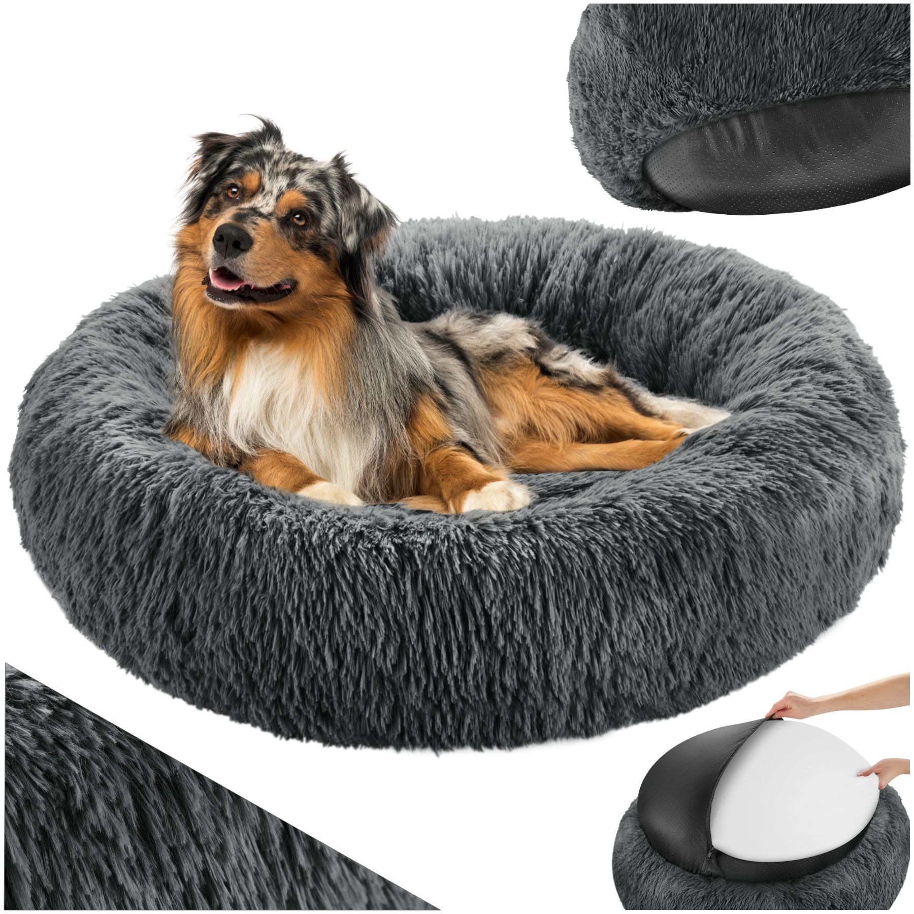 tectake&reg; Hundebett, rund mit langem Pl&uuml;sch, rutschfeste Unterseite, waschbar 