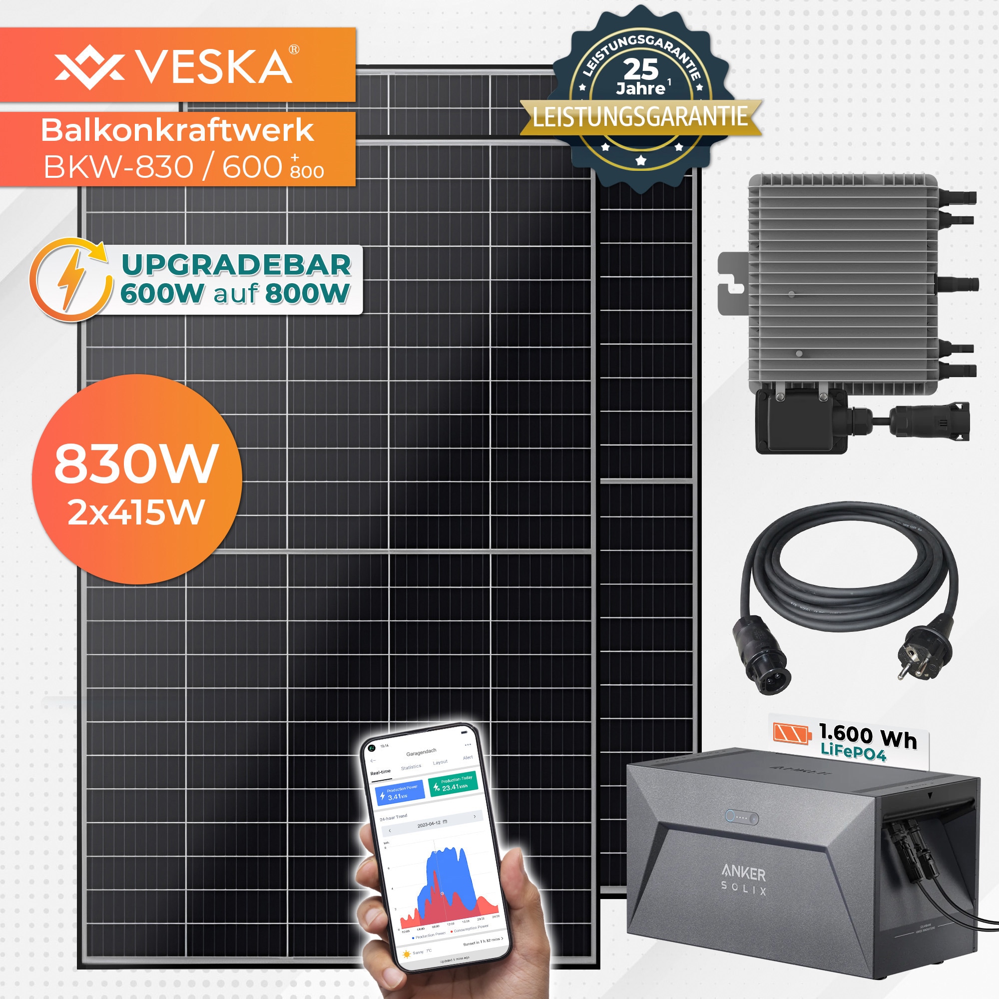 VESKA&reg; Balkonkraftwerk 830W/600 mit Upgradefunktion auf 800W und 1,6 kWh Batteriespeicher 