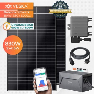 VESKA® Balkonkraftwerk 830W/600 mit Upgradefunktion auf 800W und 1,6 kWh Batteriespeicher 