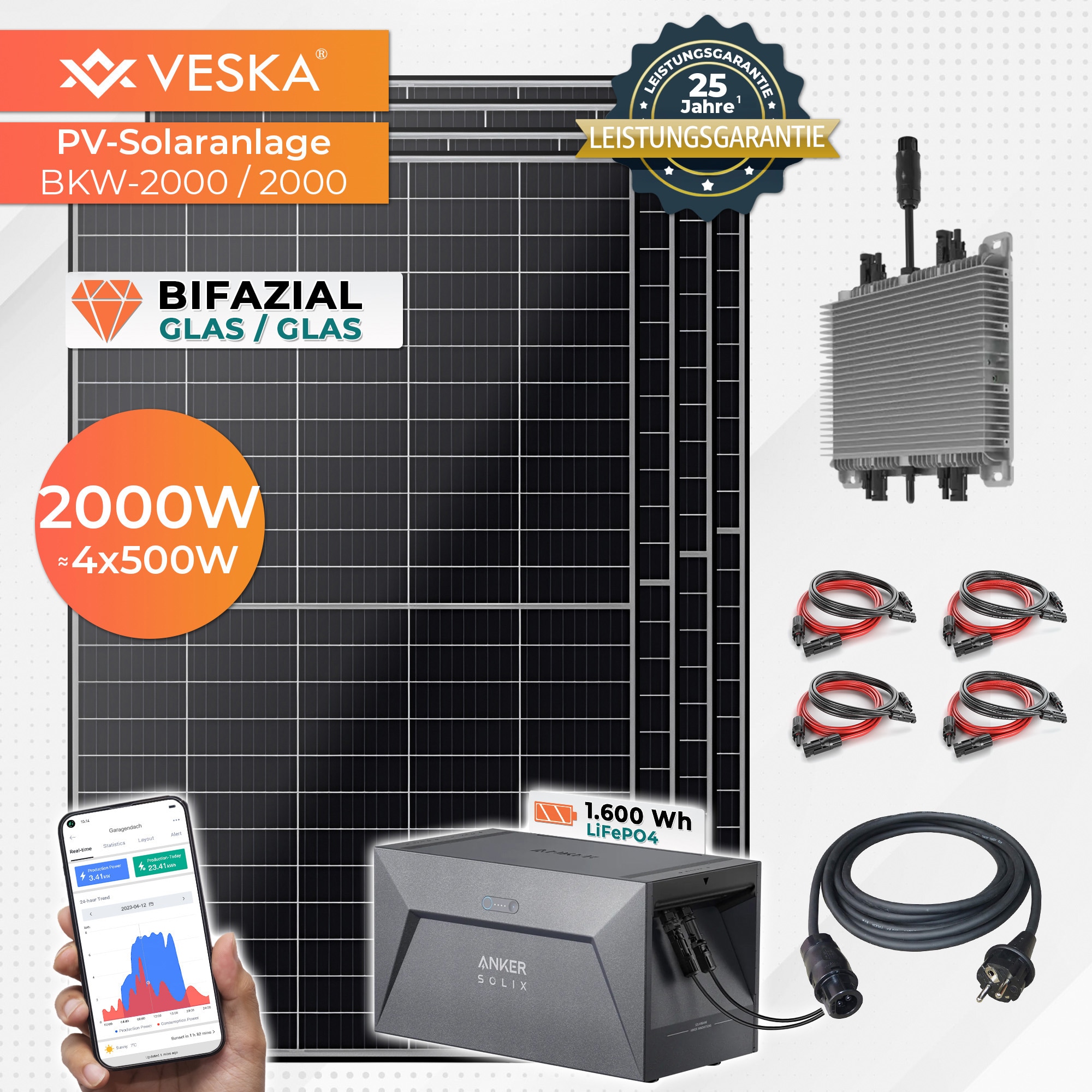 VESKA&reg; Solaranlage 2000/2000W Bifazial und 1,6 kWh Batteriespeicher 