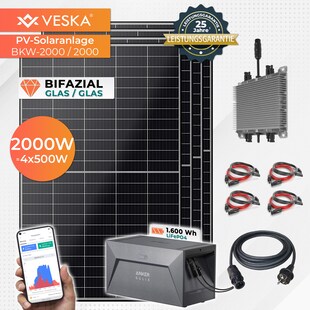 VESKA® Solaranlage 2000/2000W Bifazial und 1,6 kWh Batteriespeicher 