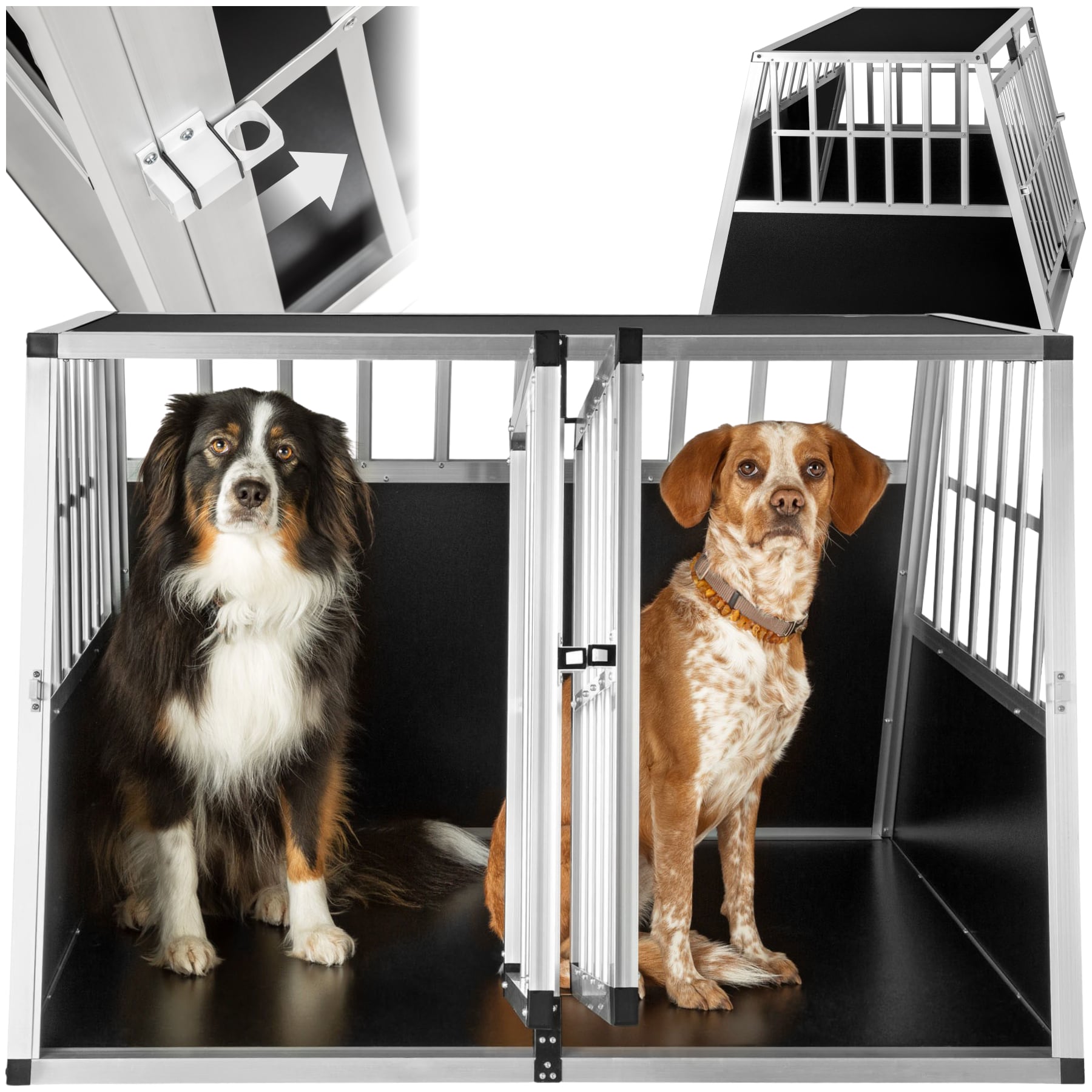 tectake&reg; Hundetransportbox doppel, mit schr&auml;ger R&uuml;ckwand, verschlie&szlig;bare Gittert&uuml;r, mit sch&uuml;tzenden Kunststoffecken 