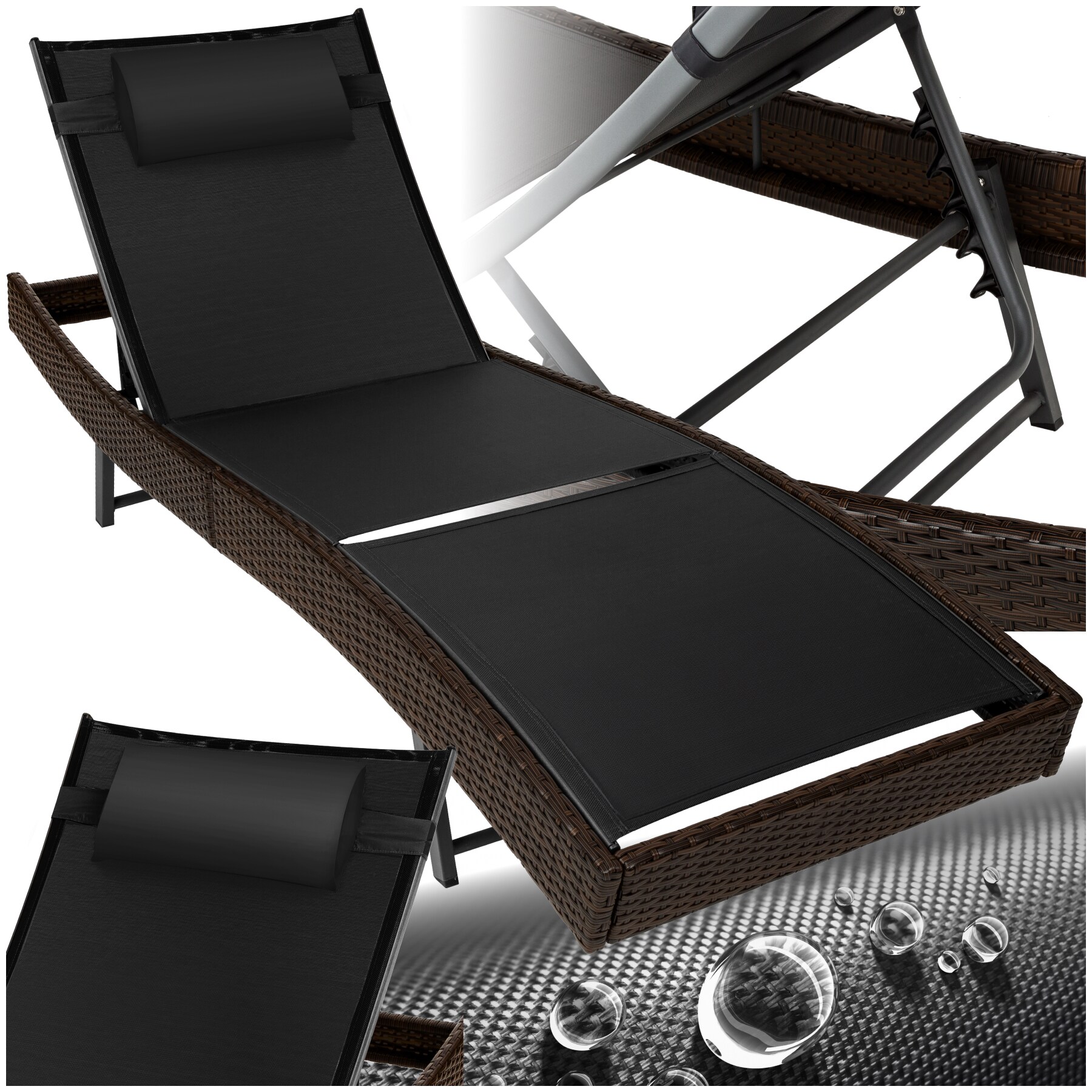 tectake&reg; Rattan Sonnenliege, widerstandsf&auml;hig und UV-best&auml;ndig, 6-fach verstellbare R&uuml;ckenlehne, 69 x 211 x 41 - 94 cm 