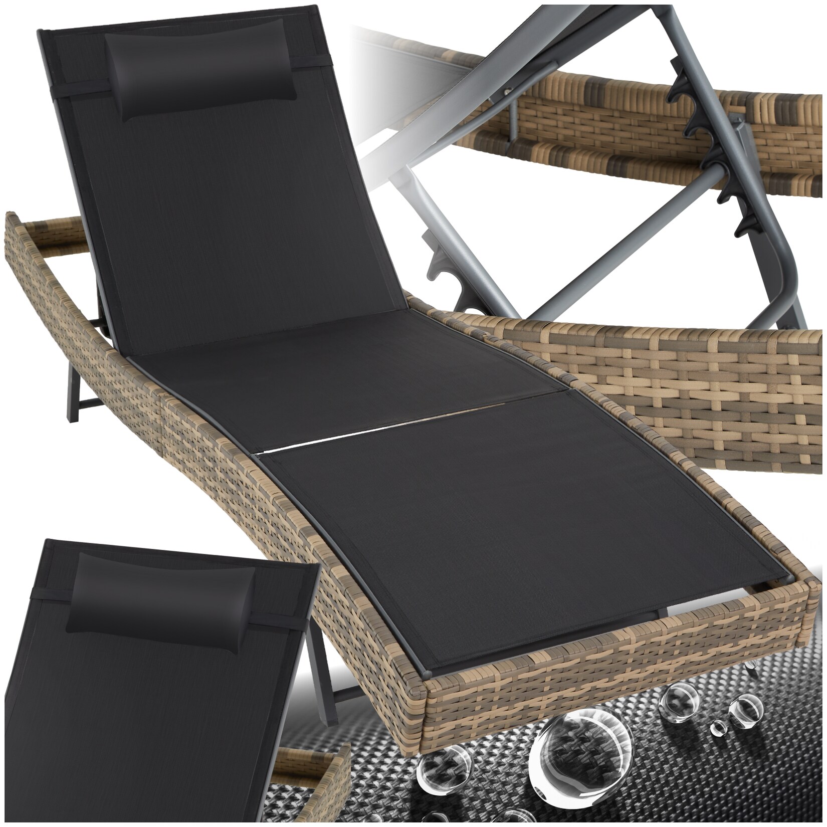 tectake® Rattan Sonnenliege, widerstandsfähig und UV-beständig, 6-fach verstellbare Rückenlehne, 69 x 211 x 41 - 94 cm