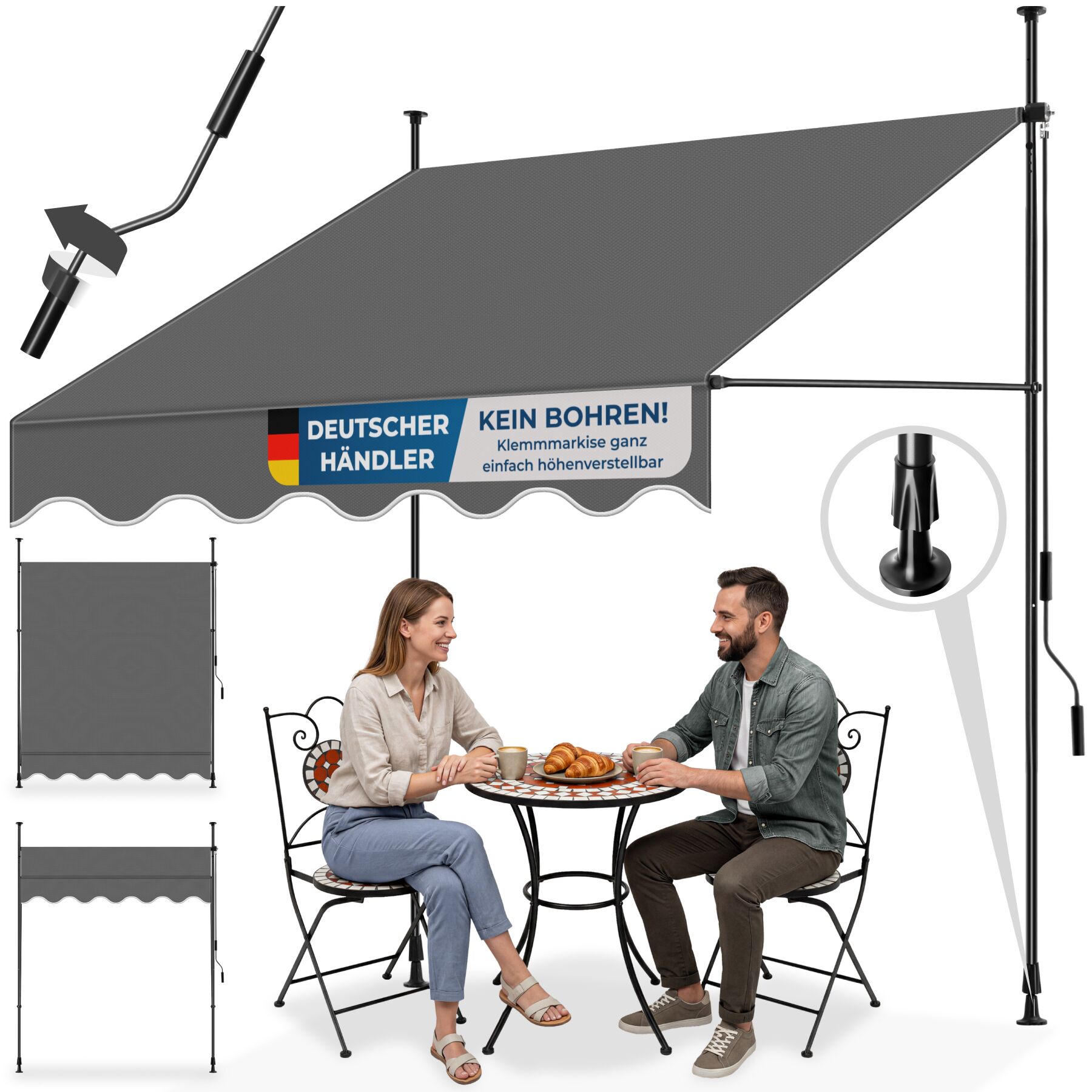 tectake&reg; Klemmmarkise mit Handkurbel, ohne Bohren, UV-best&auml;ndig, bis 90&deg; neigbar, wasserabweisend 