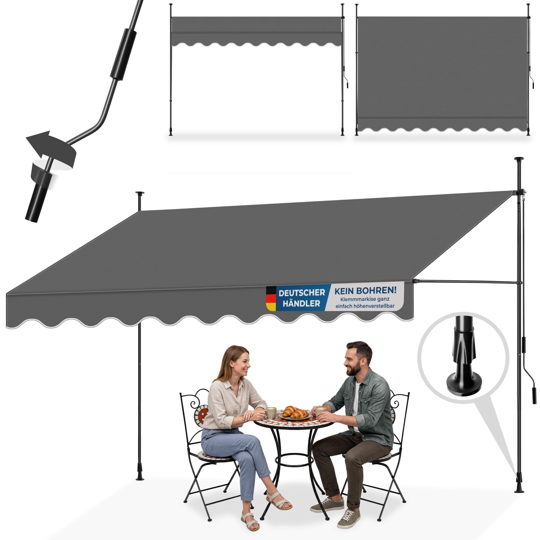 tectake&reg; Klemmmarkise mit Handkurbel, ohne Bohren, UV-best&auml;ndig, bis 90&deg; neigbar, wasserabweisend 