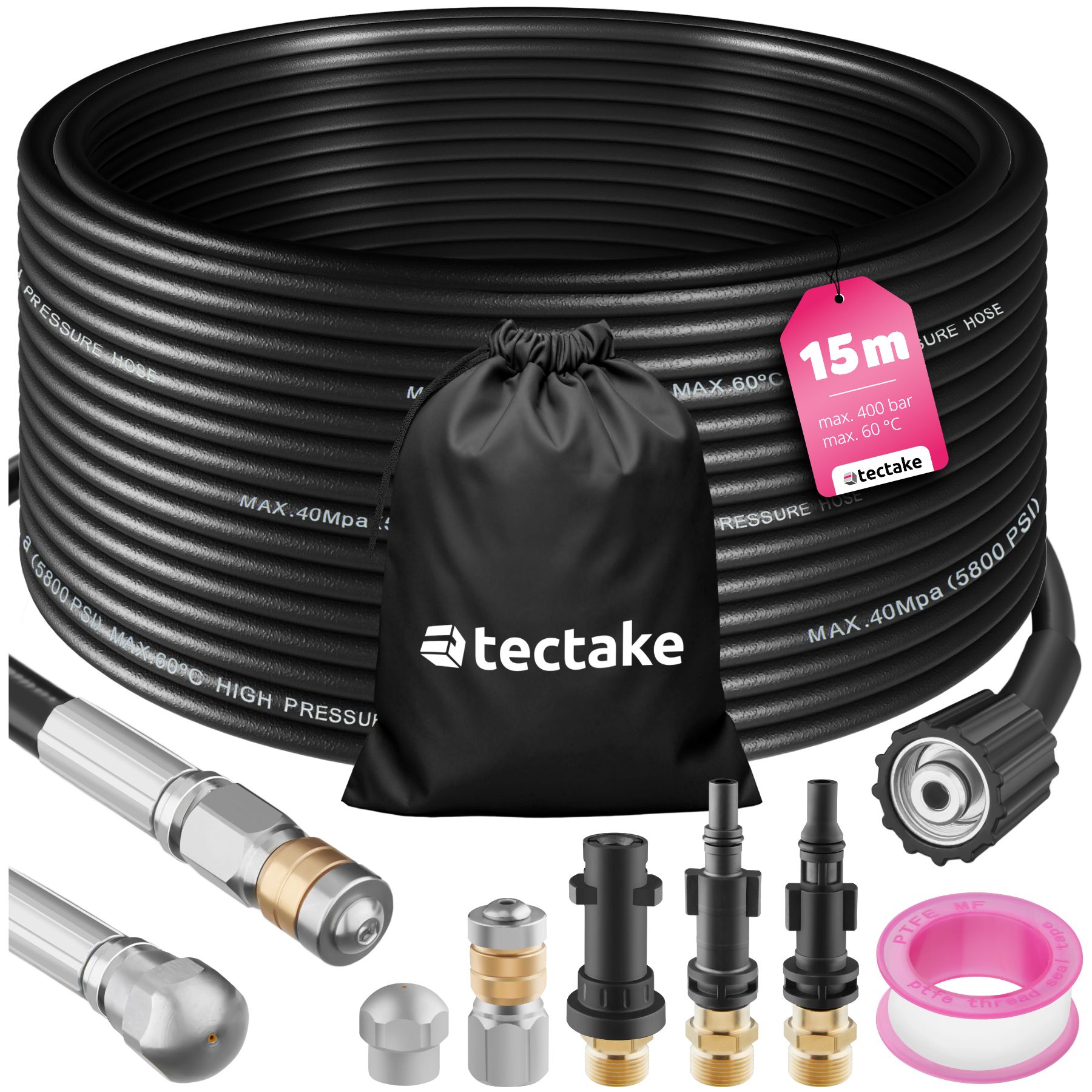 tectake&reg; Rohrreinigungsschlauch-Set, 8-teilig, in 2 Gr&ouml;&szlig;en, 3 Adapterst&uuml;cke, inkl. Aufbewahrungsbeutel 