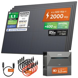 Solarway® All In One Balkonkraftwerk mit Speicher 2000W komplett Steckdose - 1,6 kWh Anker Solix 2 PRO Speicher - Solaranlage Komplettset - 500W bifaziale Solarmodule & Anker Speicher & Zubehör 