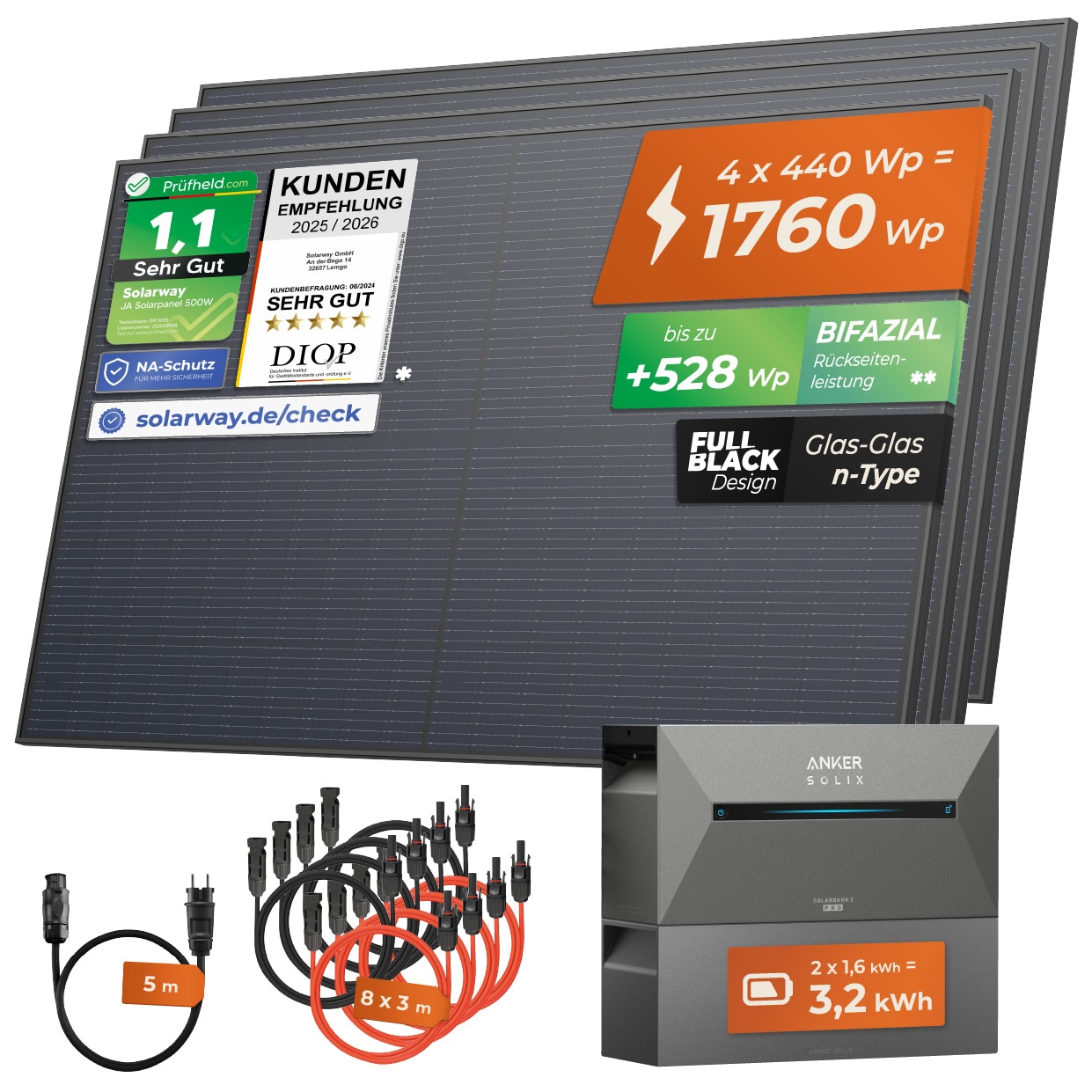Solarway All In One 1800W/800W Balkonkraftwerk komplett Solarpaket mit 3,2 kWh Anker Solix 2 PRO Speicher, Plug&Play 