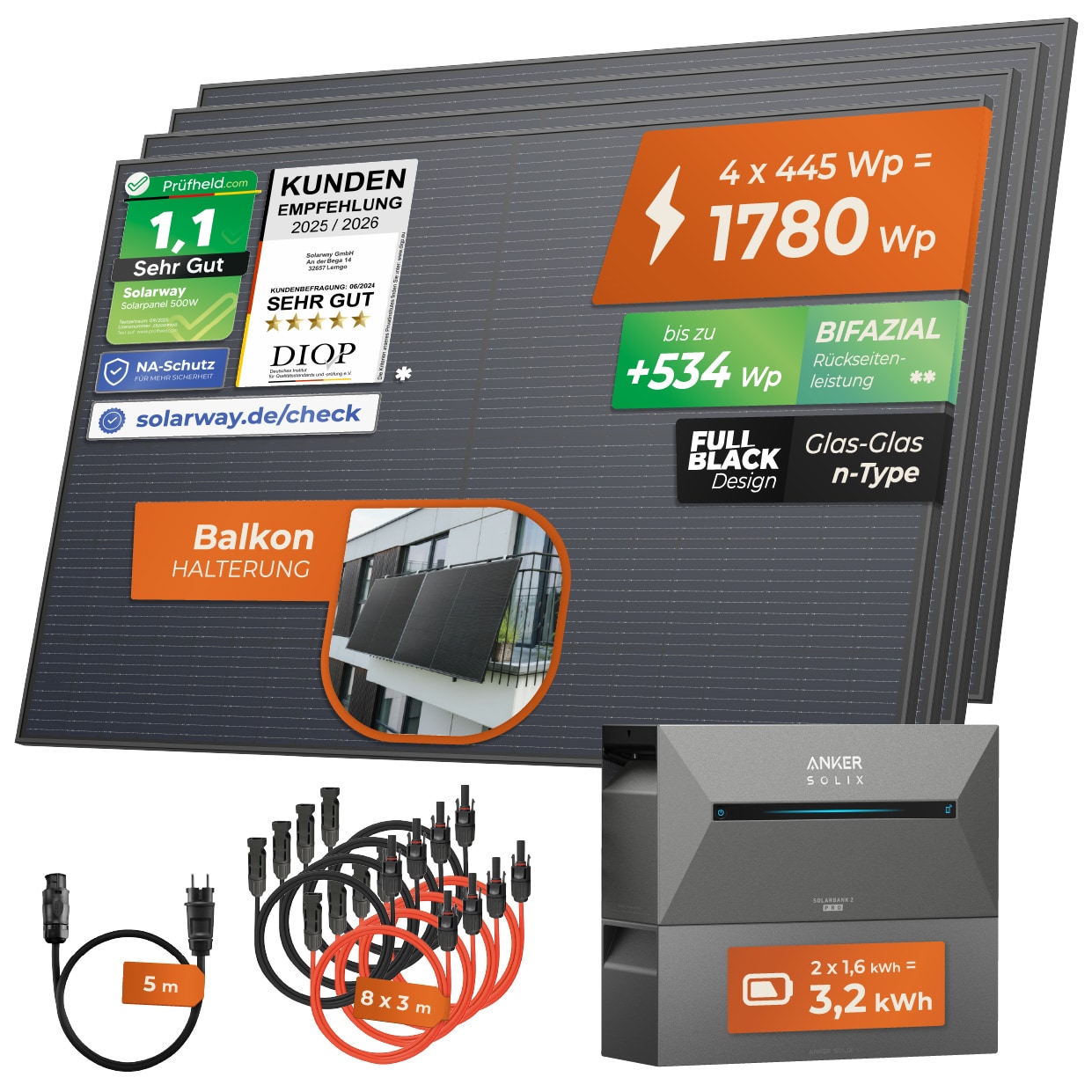 Solarway&reg; All In One Balkonkraftwerk mit Speicher 1780W komplett Steckdose - 3,2 kWh Anker Solix 2 PRO Speicher - Solaranlage Komplettset - 445W bifaziale Solarmodule & Anker Speicher & Zubeh&ouml;r 