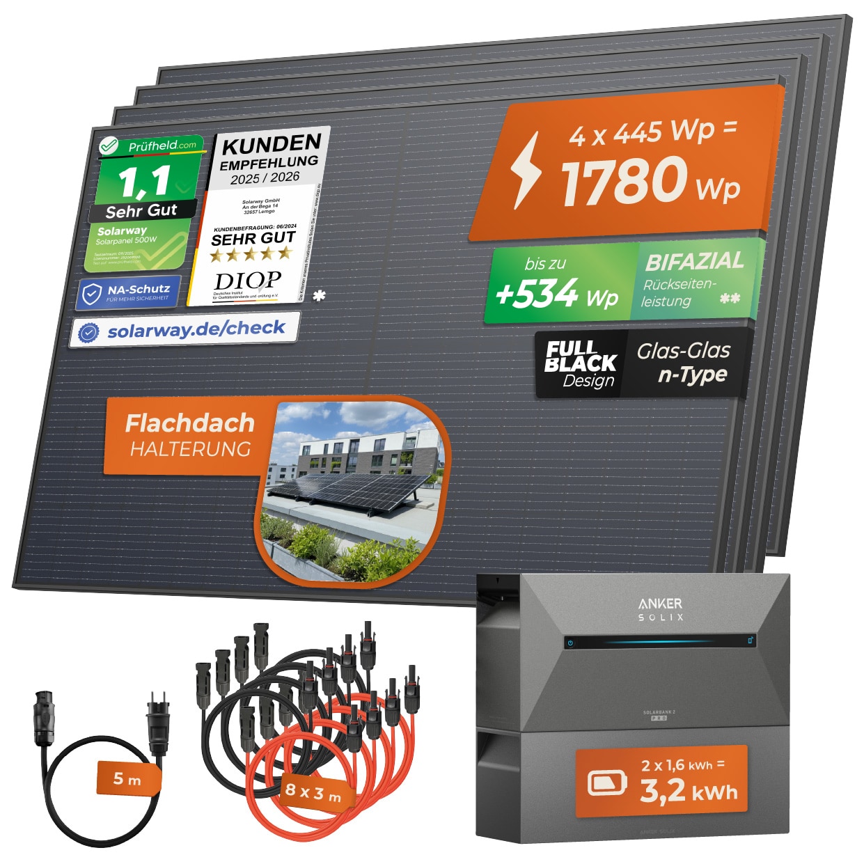 Solarway&reg; All In One Balkonkraftwerk mit Speicher 1780W komplett Steckdose - 3,2 kWh Anker Solix 2 PRO Speicher - Solaranlage Komplettset - 445W bifaziale Solarmodule & Anker Speicher & Zubeh&ouml;r 
