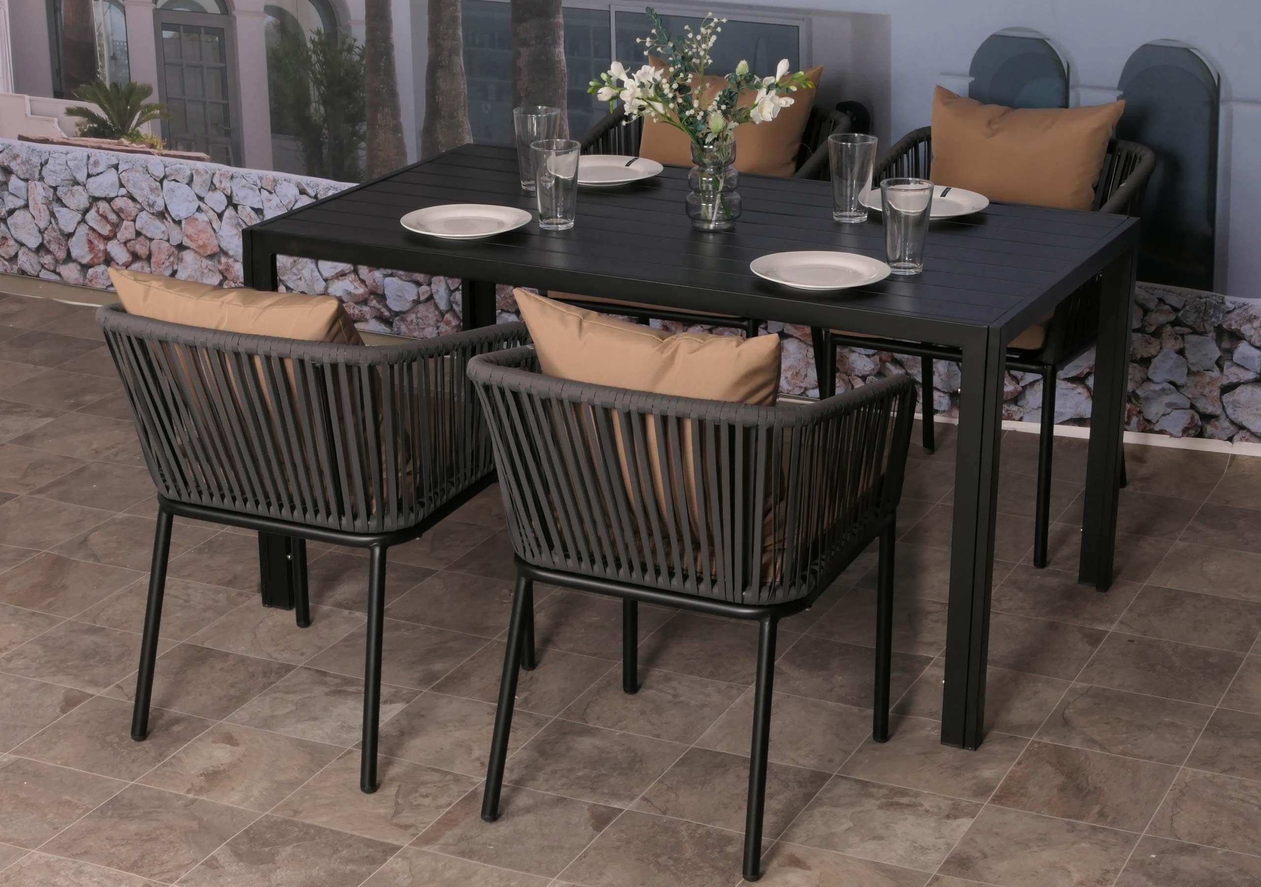 Gartengarnitur MCW-N41, Tisch+4xStuhl, wetterfest Alu 140x80cm, Seilgeflecht Rope ~ anthrazit Kissen taupe 