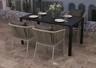 Gartengarnitur MCW-N41, Tisch+4xStuhl, wetterfest Alu 140x80cm, Seilgeflecht Rope ~ grau, Kissen dunkelgrau 