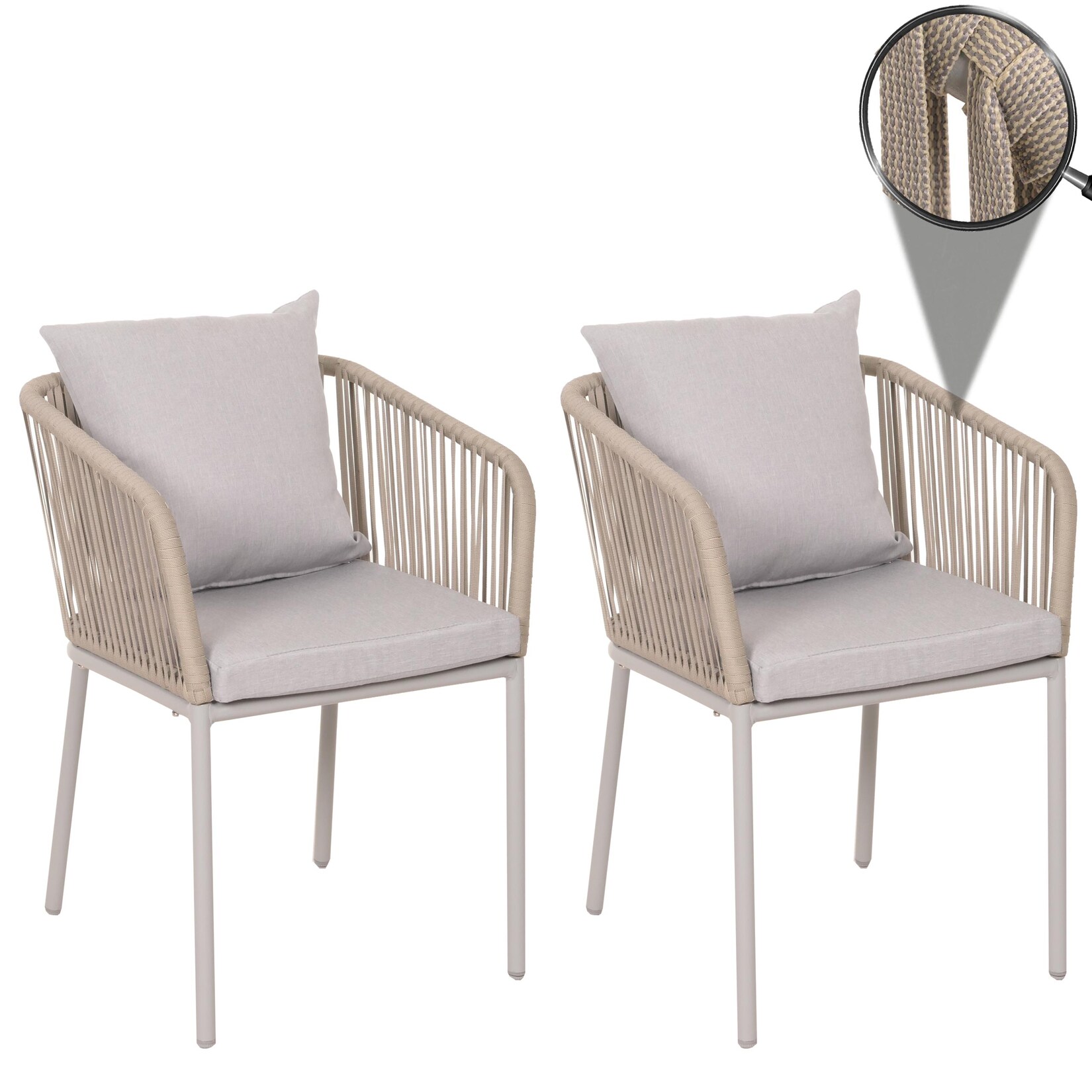 2er-Set Gartenstuhl MCW-N41, Outdoor Armlehne, wetterfest Aluminium Seilgeflecht Rope ~ grau Kissen grau Image