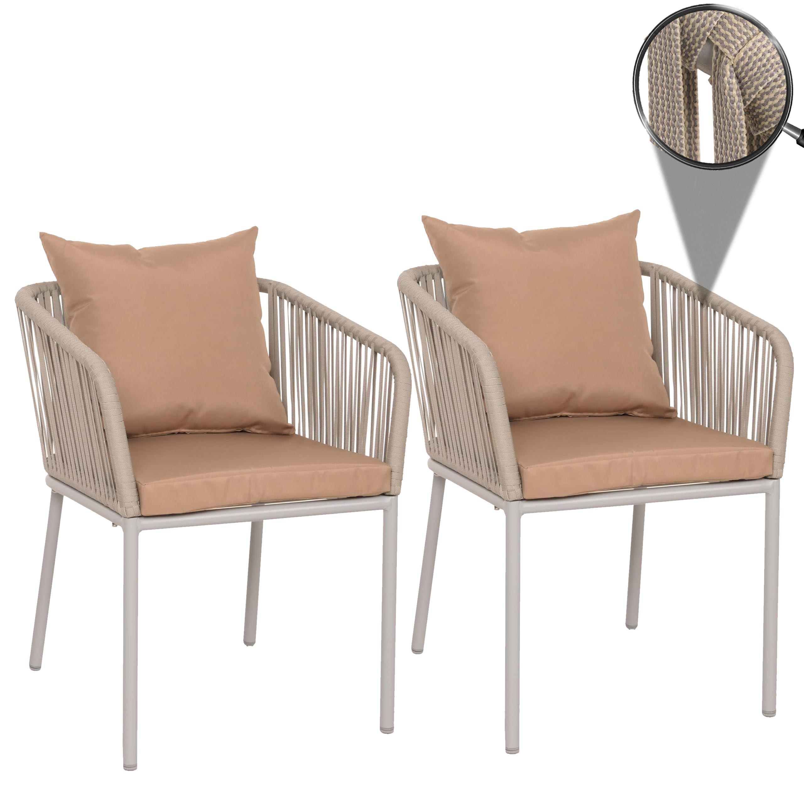 2er-Set Gartenstuhl MCW-N41, Outdoor Armlehne, wetterfest Aluminium Seilgeflecht Rope ~ grau Kissen taupe 