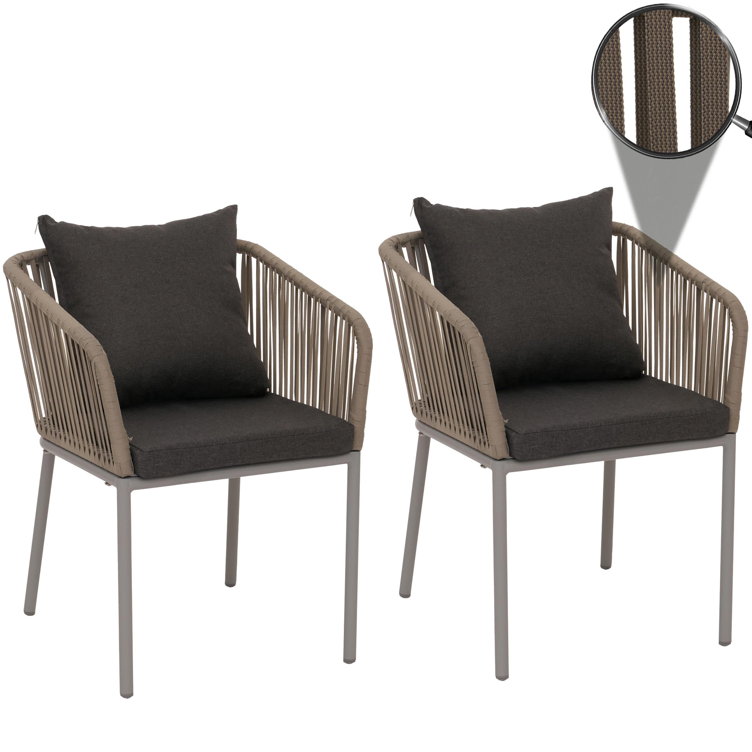 2er-Set Gartenstuhl MCW-N41, Outdoor Armlehne, wetterfest Aluminium Seilgeflecht Rope ~ grau, Kissen dunkelgrau 