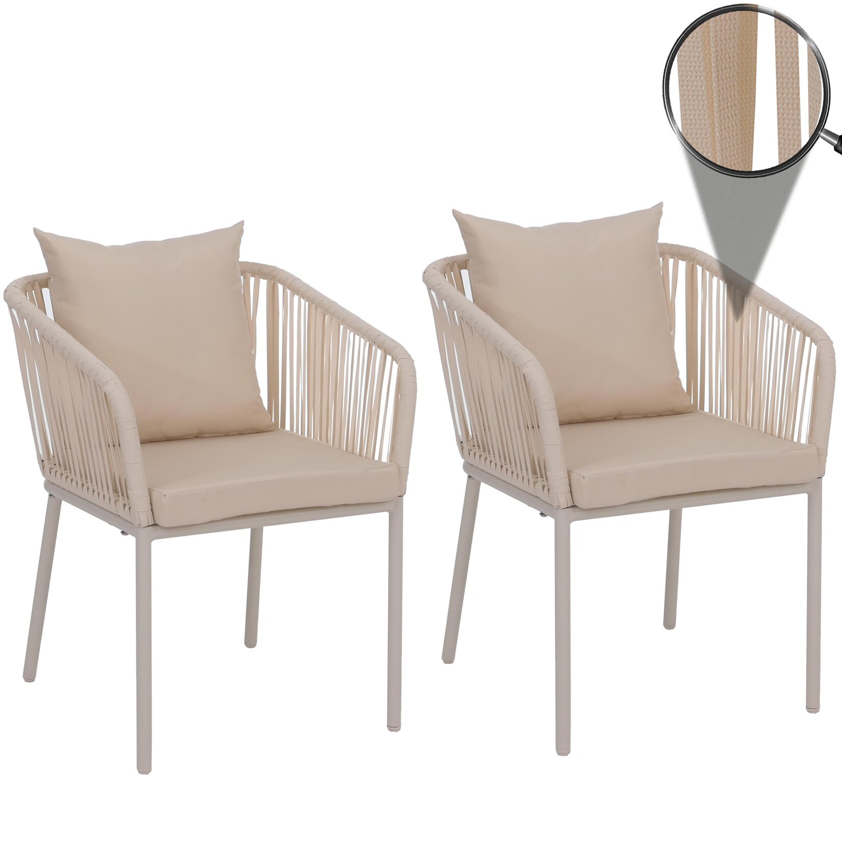 2er-Set Gartenstuhl -N41, Outdoor Armlehne, wetterfest Aluminium Seilgeflecht Rope ~ creme, Kissen creme
