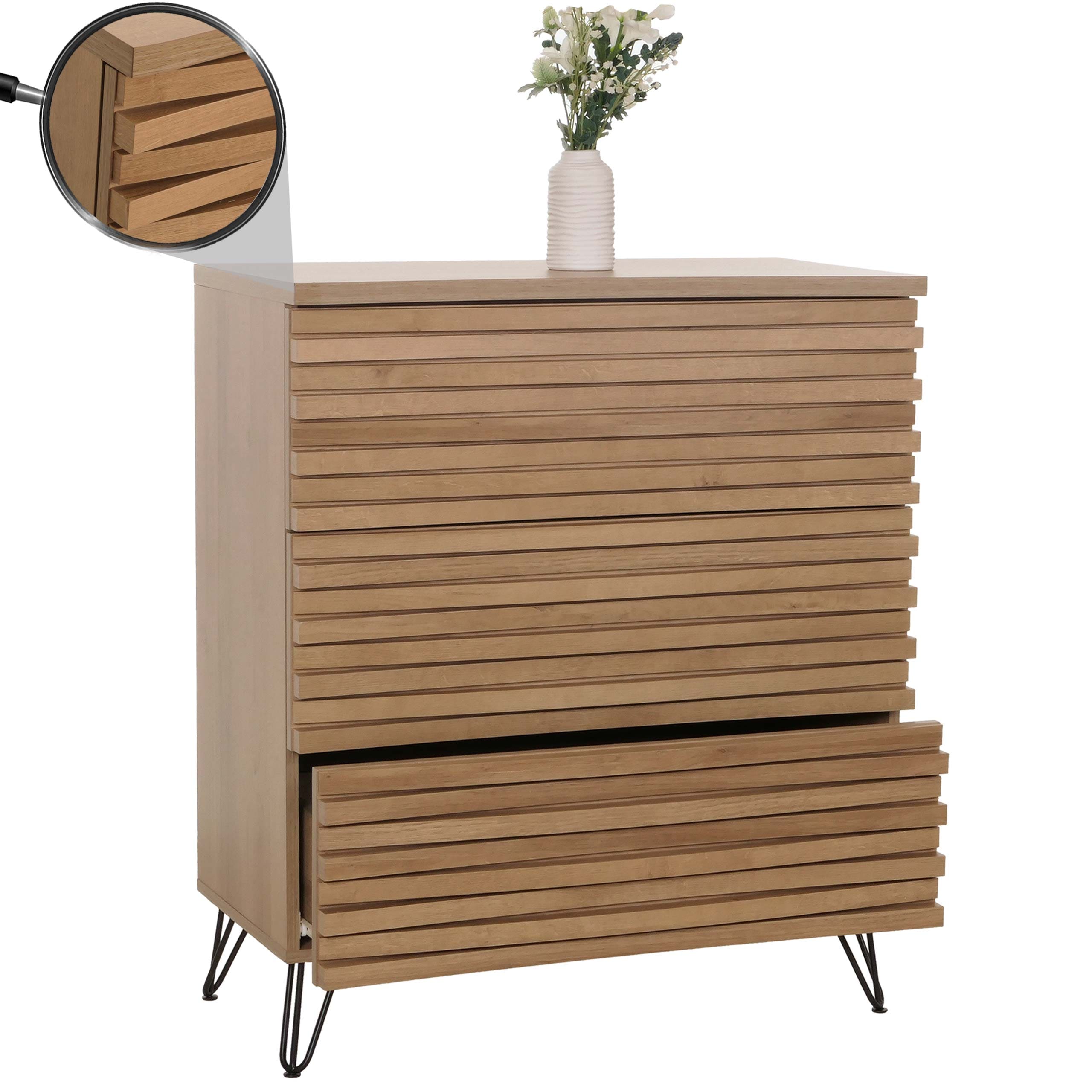 Kommode MCW-M49, Sideboard Schrank Highboard, 3D-Design 3 Schubladen MDF Metall 94x80x45cm ~ natur 
